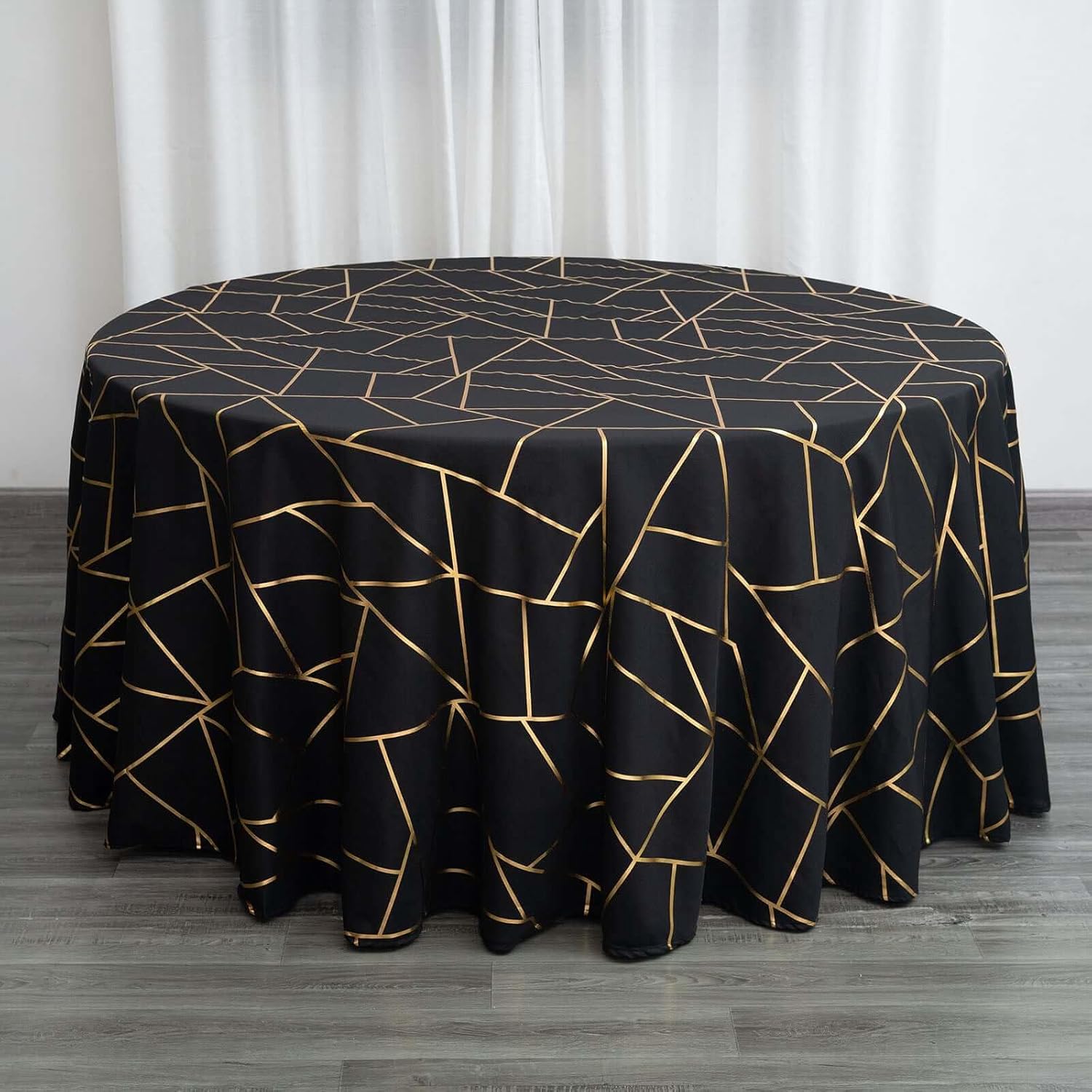 Efavormart 120" Black Round Polyester Tablecloth with Gold Foil Geometric Pattern