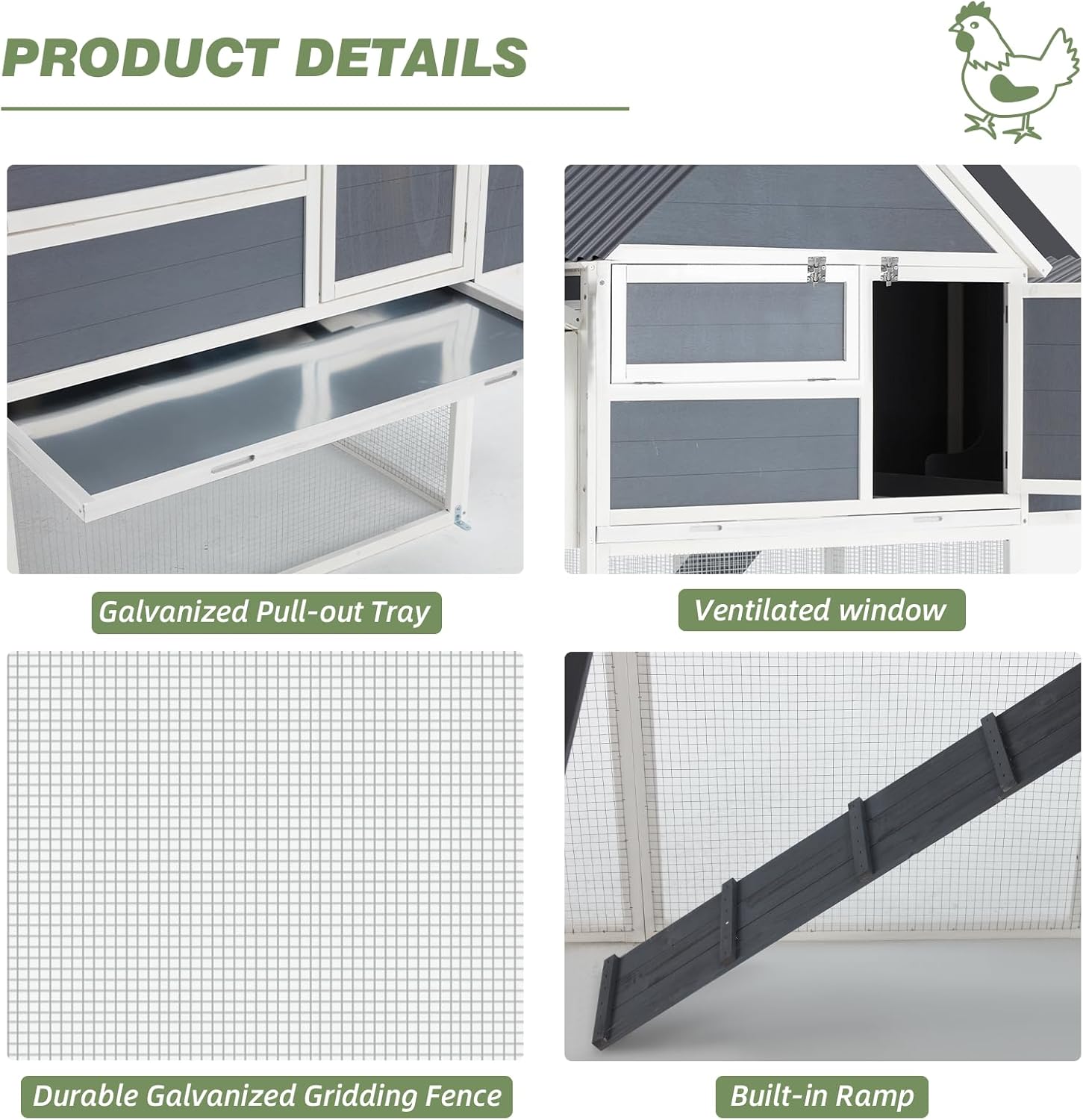 AECOJOY 84" Large Chicken Coop 8-10 Chickens, Chicken Coop with Run, Outdoor Hen Fence Poultry Pet Hutch Run Cage w/Waterproof Roof, Ramp, 2 Large Nesting Box, Wire Fence for Backyard, Grey