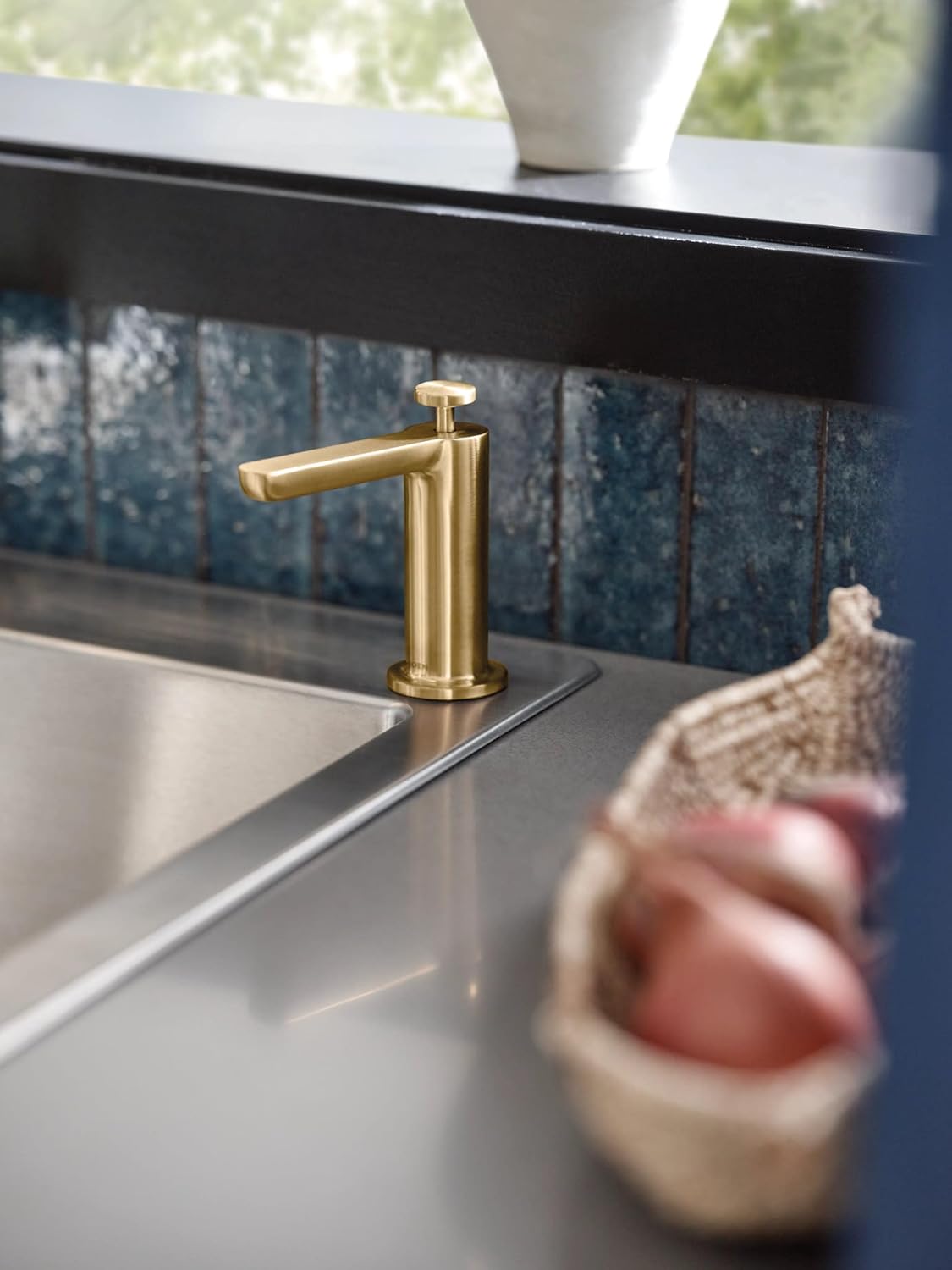 Moen Brushed Gold Modern Deck Mounted Kitchen Soap Dispenser with Above-the-Sink Refillable Bottle, S3947BG - Image 2