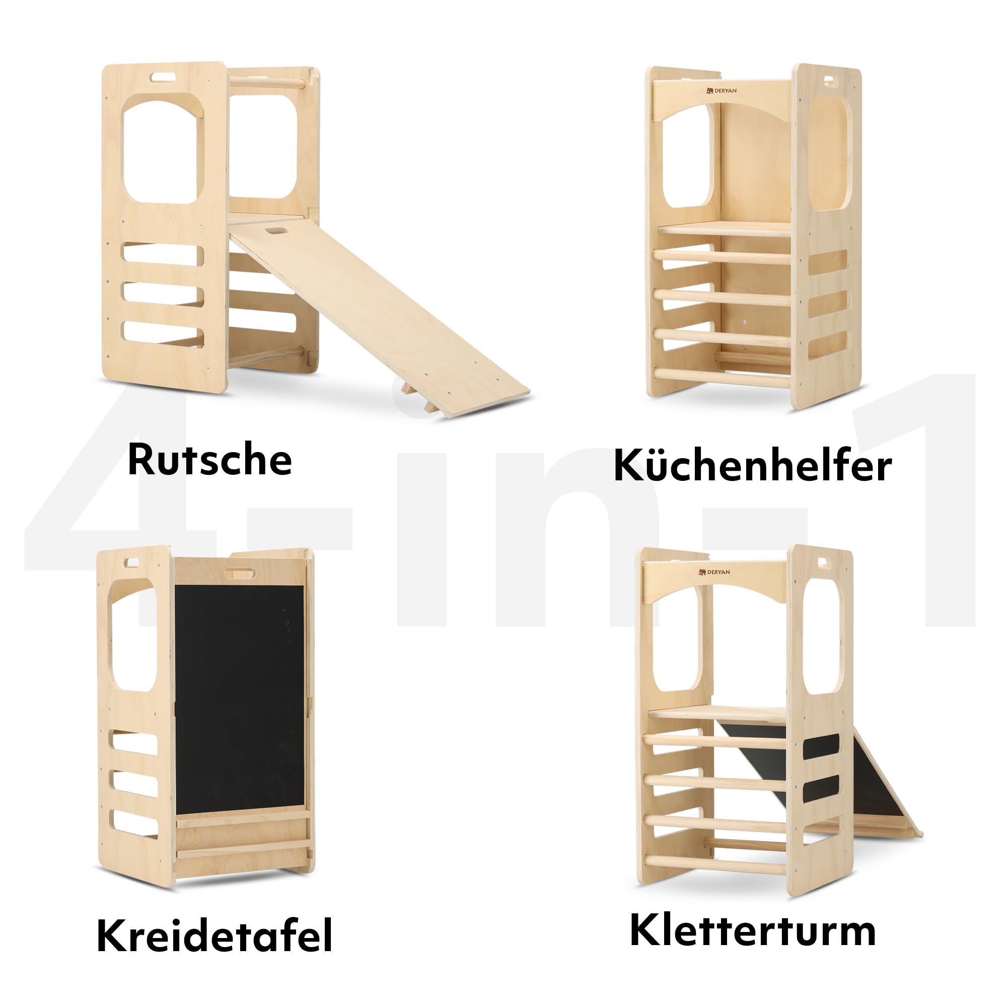 Deryan 4-in-1 Montessori Klettergerüst Kletterturm Indoor für Kinder von 3-8 Jahre (40 kg max.), Indoor Holz Indoor Spielplatz mit Rutsche, Kletterstangen, Leiter, Naturholz