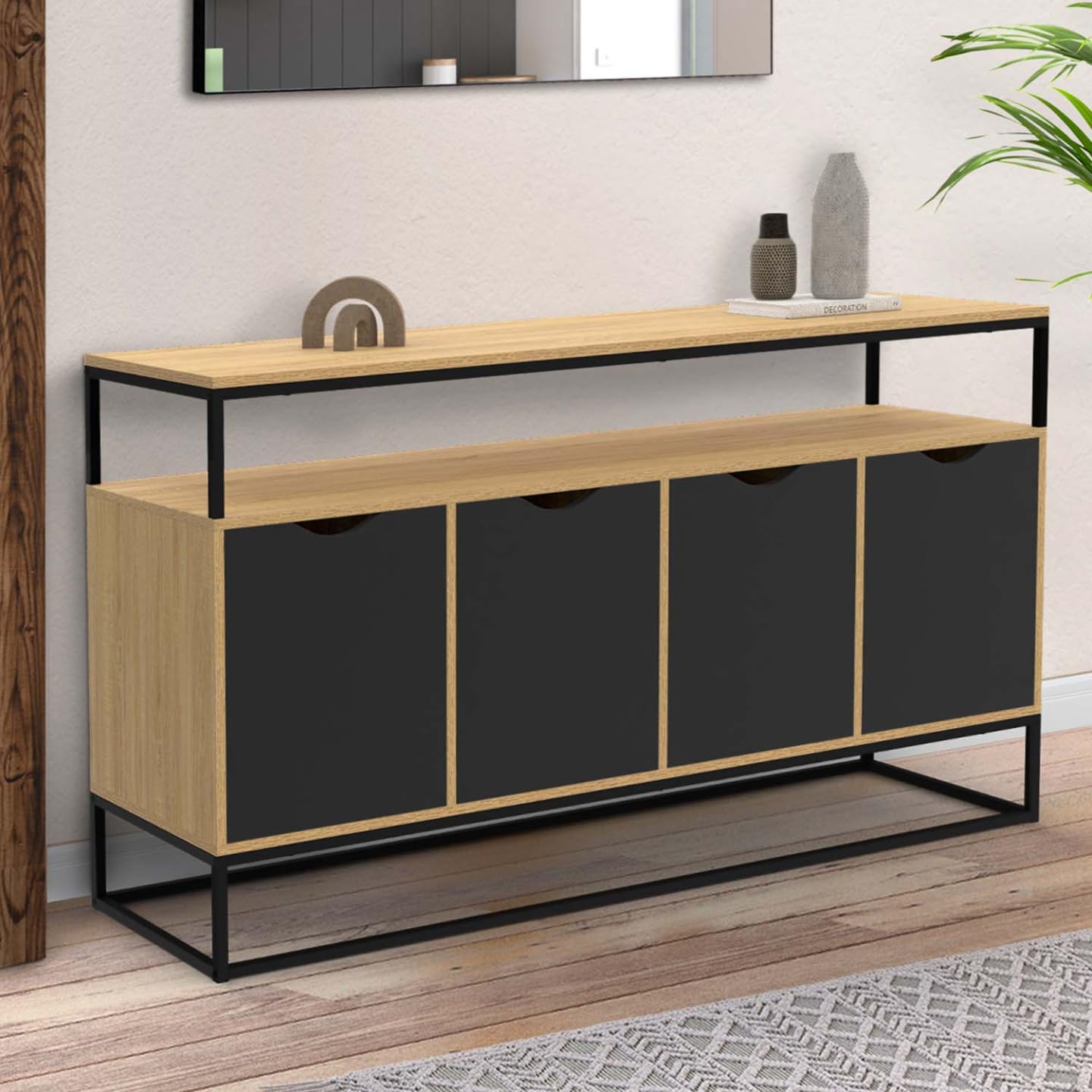 IDMarket Boston - Aparador de 140 cm, 4 puertas negras, diseño industrial