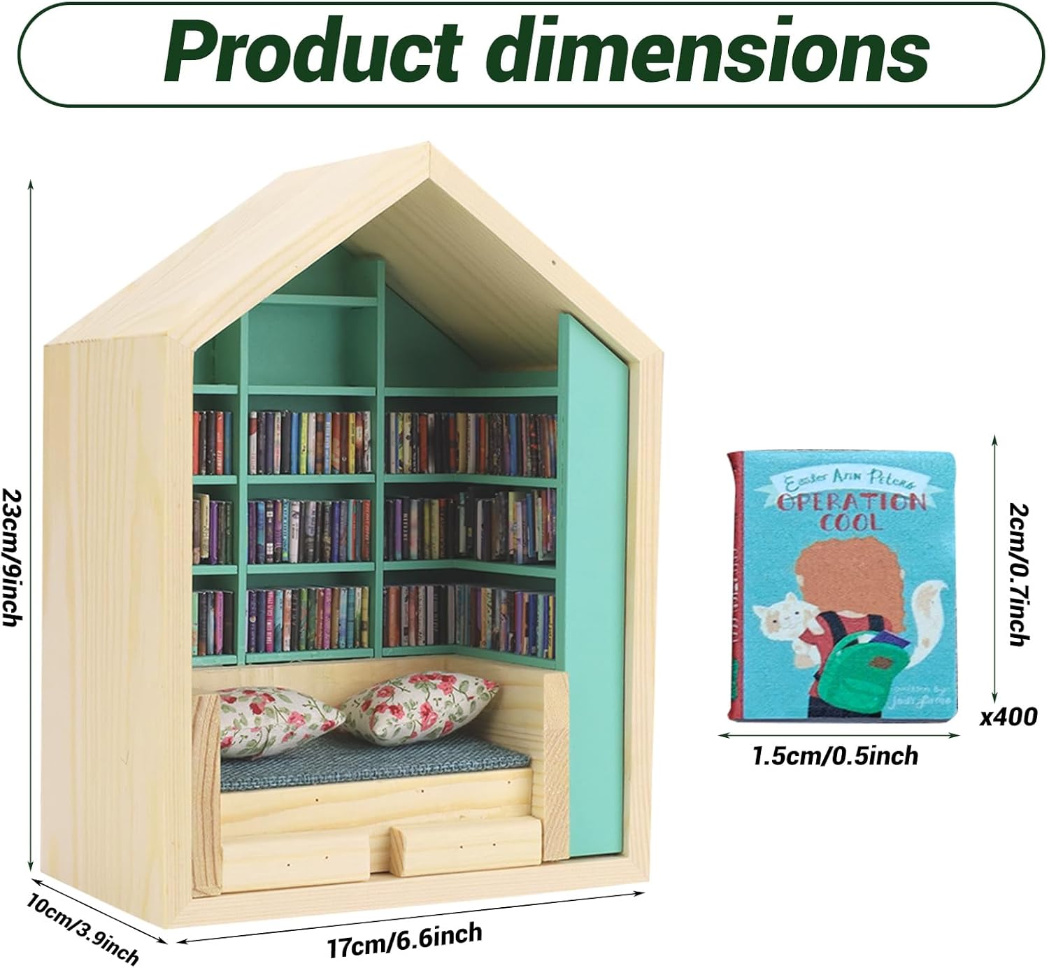 Anxiety Bookshelf, 9.1×6.7×3.9in Mini Bookshelf with 400Pcs Colorful Mini Books, Versatile Miniature Library for Desk, Living Room, Coffee and Office, Shake Away Your Anxiety, Home Decorations (Green)