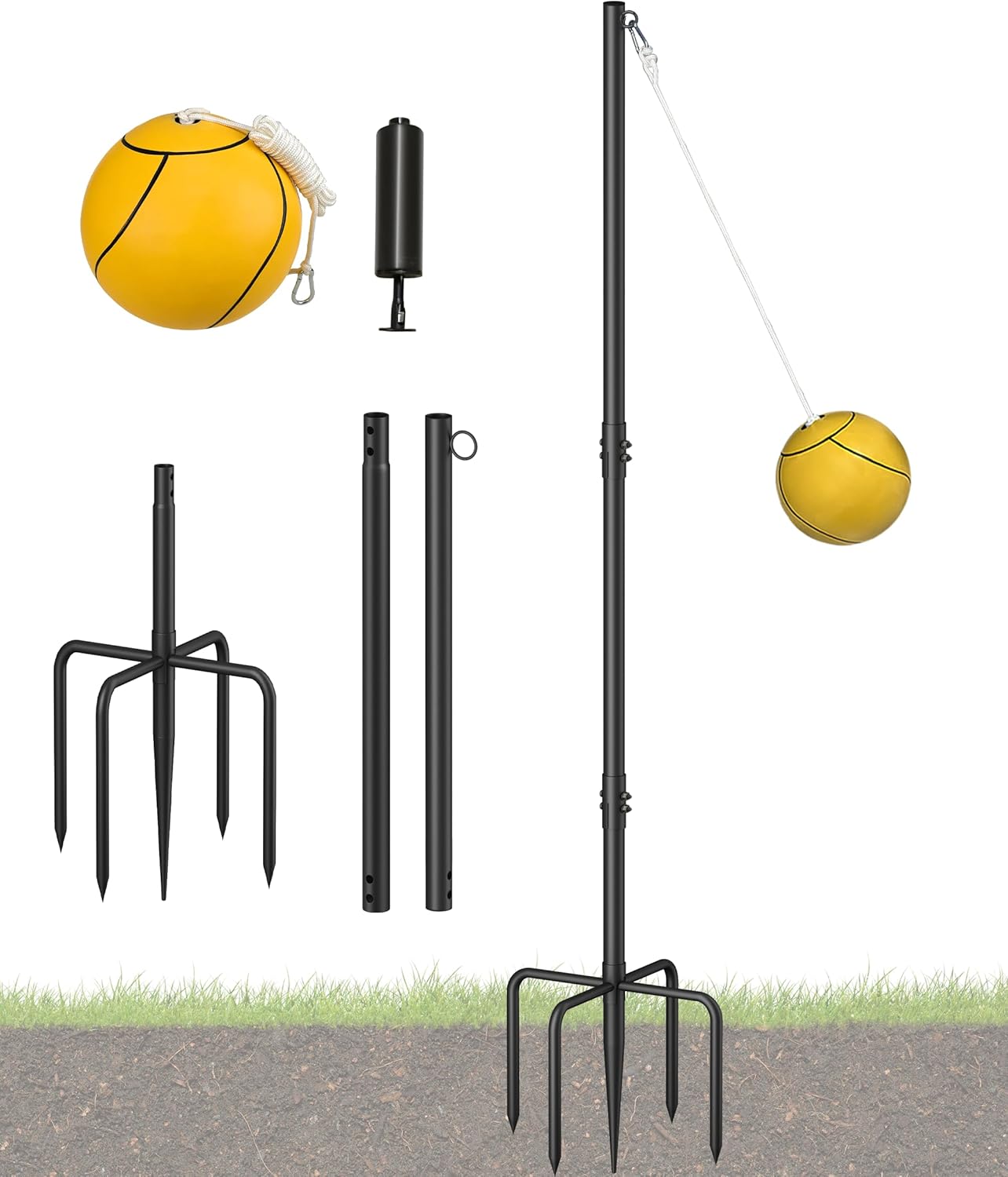 Heavy Duty Tetherball Sets with Ball & Rope for Backyard, Adjustable Iron Sleeve Tetherball Equipment for Outdoor Playground, Tether Ball Pole with 5-Prong Base for Dogs/Kids/Adults