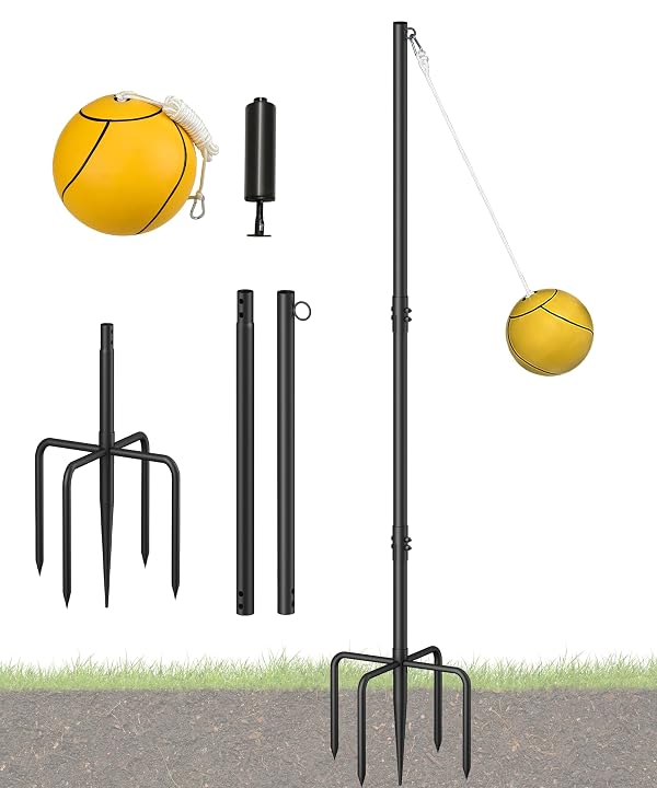 Ansionsol Heavy Duty Tetherball Sets with Ball & Rope for Backyard, Adjustable Iron Sleeve Tetherball Equipment for Outdoor Playground, Tether Ball Pole with 5-Prong Base for Dogs/Kids/Adults by Ansionsol - Used condition - US$37.59