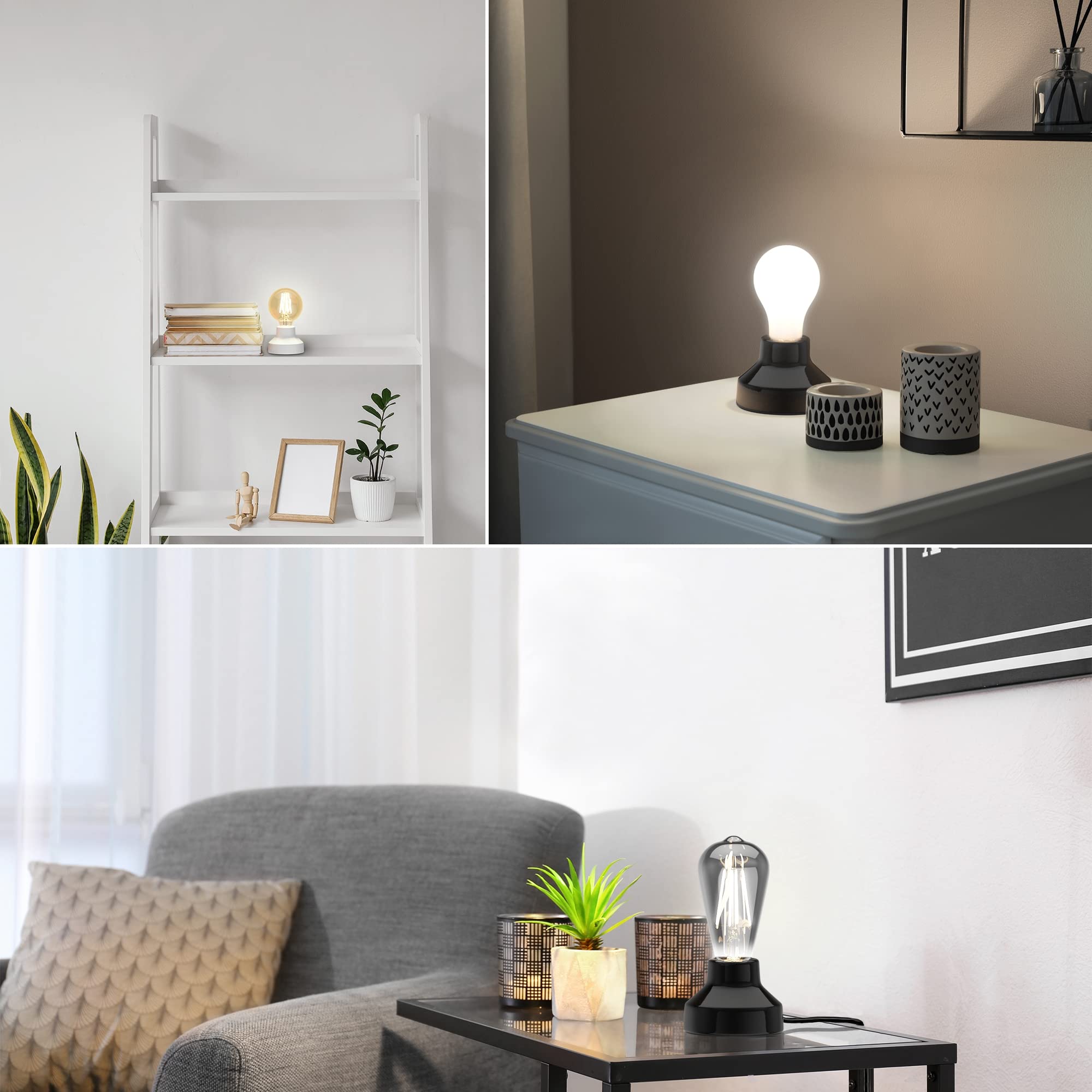 ledscom.de 2x Porzellan Tischlampe TIX, rund, Stecker, Schalter, schwarz + LED Lampe, 839lm, warmweiß