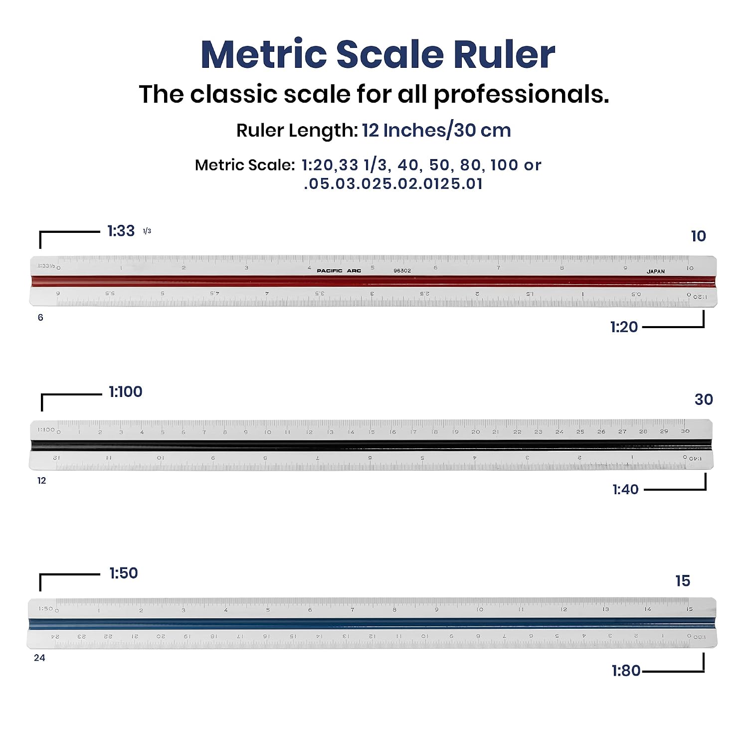 Pacific Arc Metric Bamboo Core Scale Ruler, Scaled: 1:20,33 1/3, 40, 50, 80, 100 or .05.03.025.02.0125.01, Hard Case, Japan