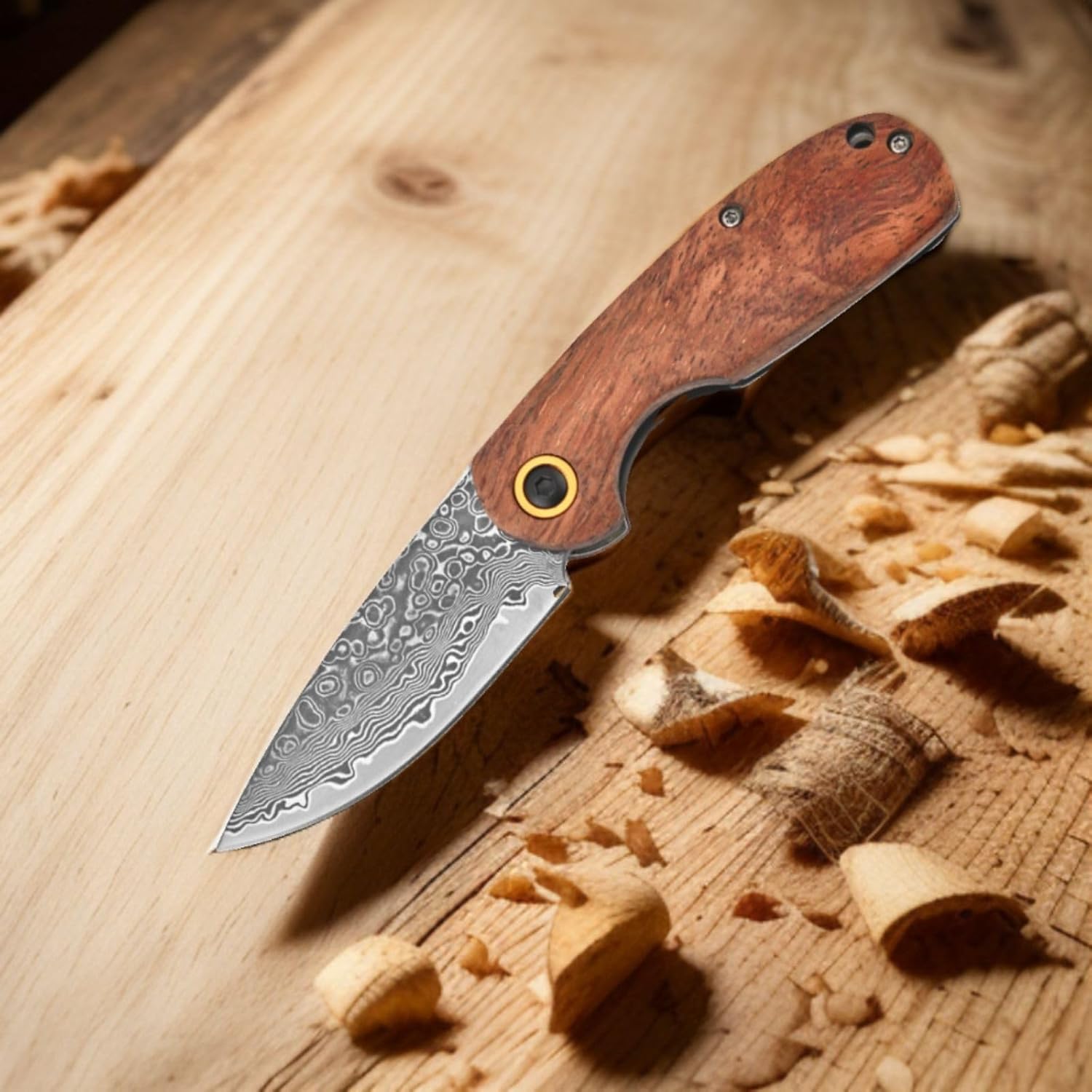 Gerrit Damascus Fold Pocket Knife,Wood Handle,3.5"" EDC Knife for Outdoors, Camping, Fishing, Hiking, and Hunting - Gift for Men and Women,pocket knife with clip, brown