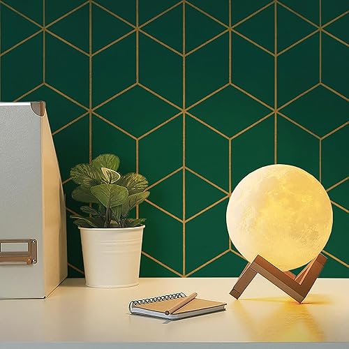 Safiyya Papel tapiz geométrico para despegar y pegar, papel adhesivo dorado y verde oscuro, autoadhesivo, extraíble, papel tapiz texturizado, papel