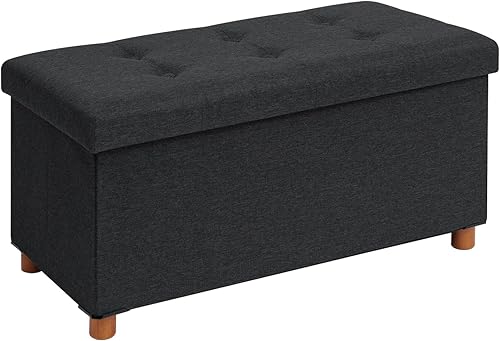 Miniatura 33 de PINPLUS Cubo otomano de almacenamiento, reposapiés de lino con patas de madera, reposapiés de tela plegable, asiento cómodo con tapa, otomana con