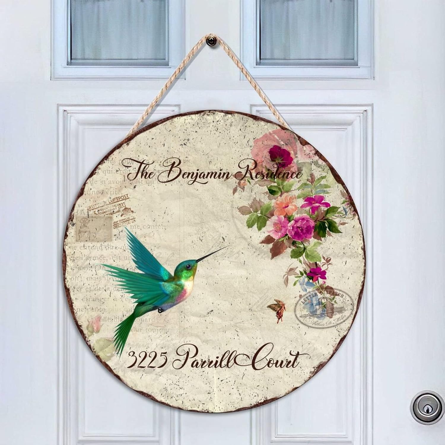 Custom Name Home Address Hummingbird Rustic Wood Door Sign, Front Door Round Wood Sign, 18" x18" Wall Hanging Sign Plaque, Welcome for Front Door Entryway Porch Bar Pub Housewarming Gifts