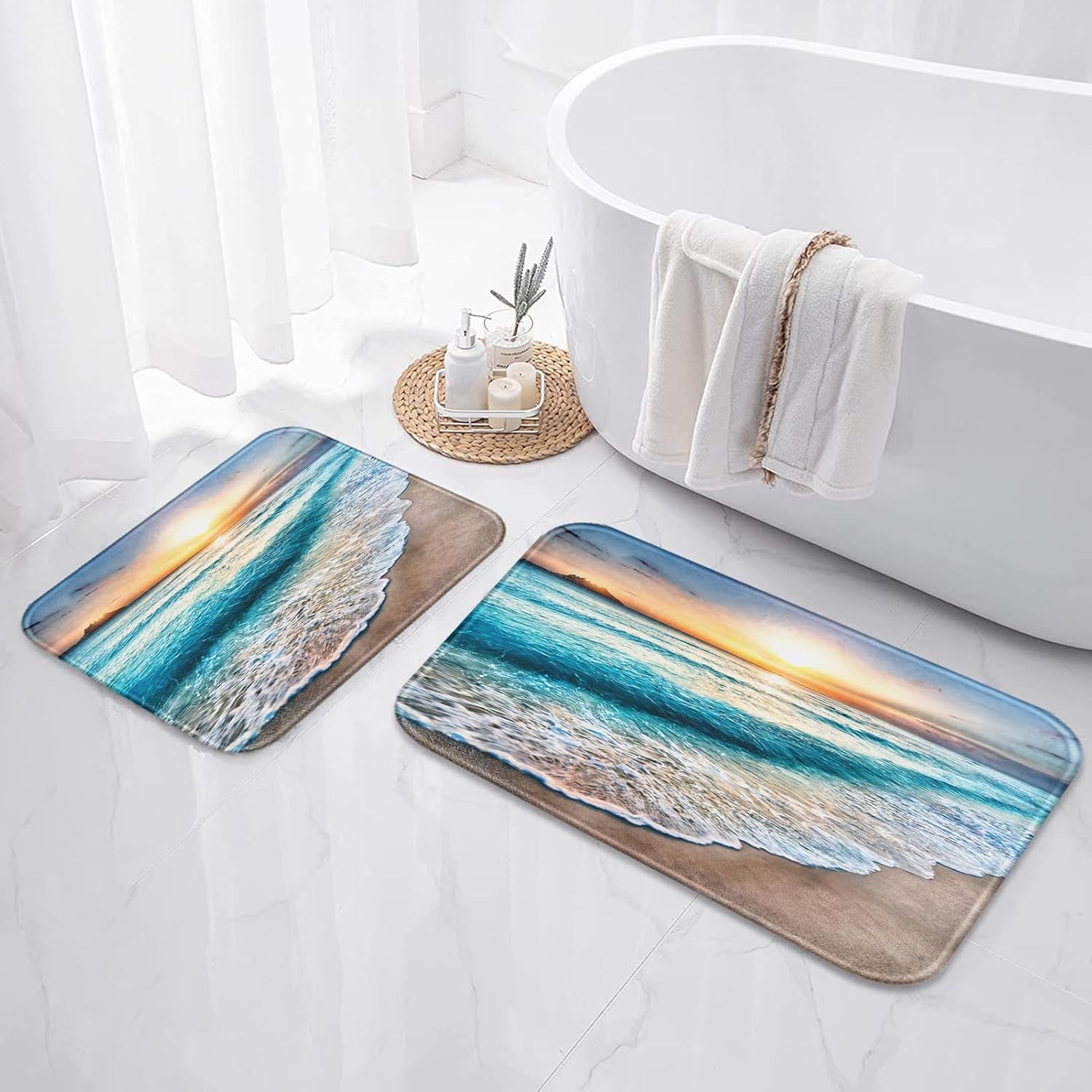 ArtSocket Beach Bathroom Set with Shower Curtain and Rugs and Accessories, Sunrise Over Sea Shower Curtain Set, Sunset Ocean Bathroom Decor 3 Pcs