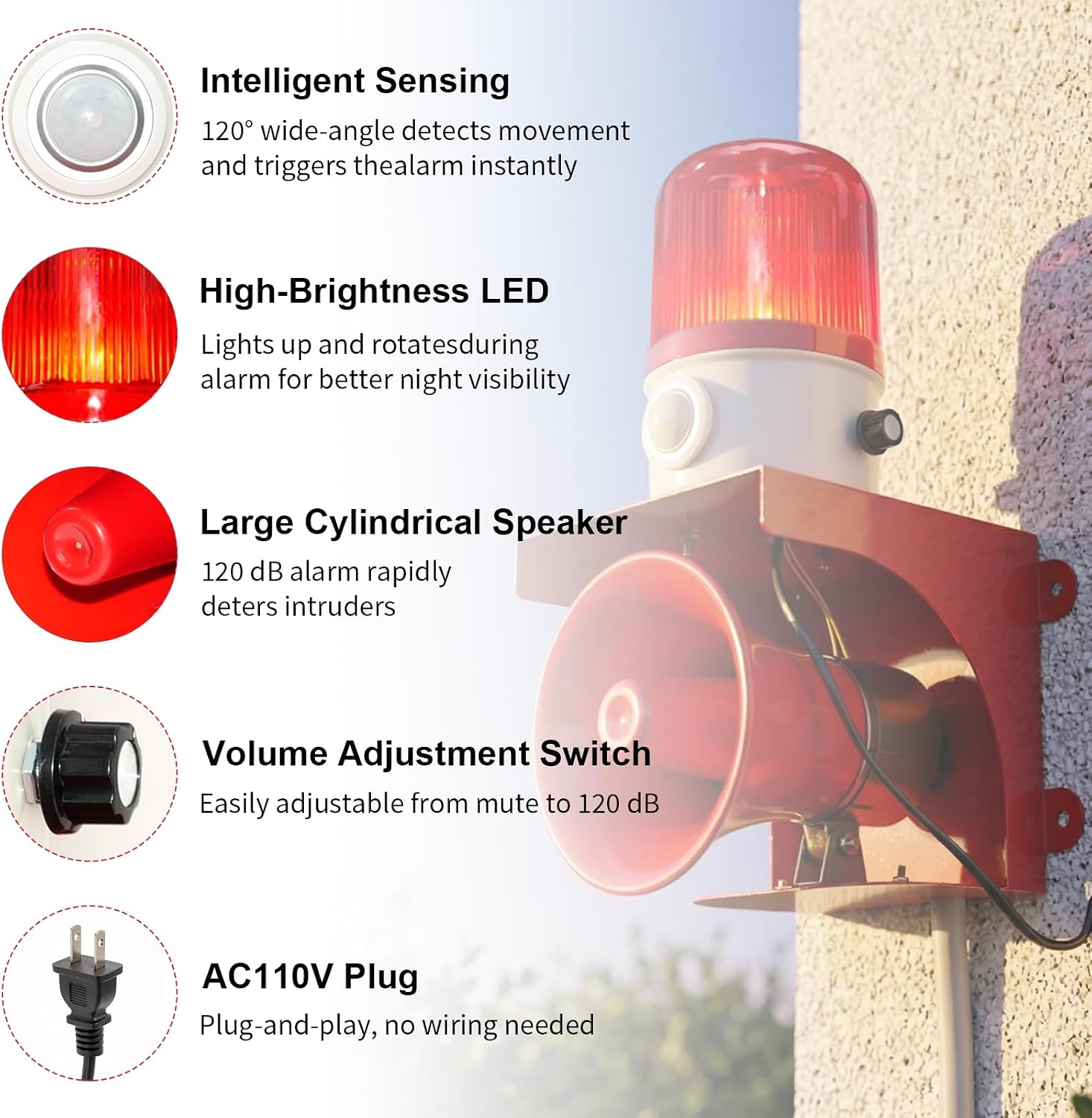 120dB Adjustable Motion Sensor Alarm with 3–6 m Human Detection | 120° Detection Angle LED Strobe Lights Alarm for Protect House, Garage, Outdoor Property, IP65 Waterproof, AC110V with Plug