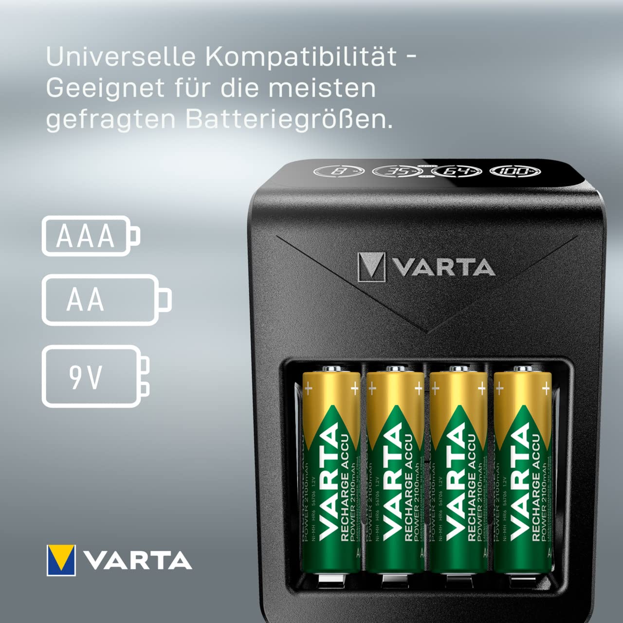 VARTA Akku Ladegerät mit EU-Stecker für 2/4 wiederaufladbare AA/AAA Batterien, 1x 9V, 1x USB-Gerät - LCD Plug Charger+ schwarz - Inkl. 4x AA 2100 mAh