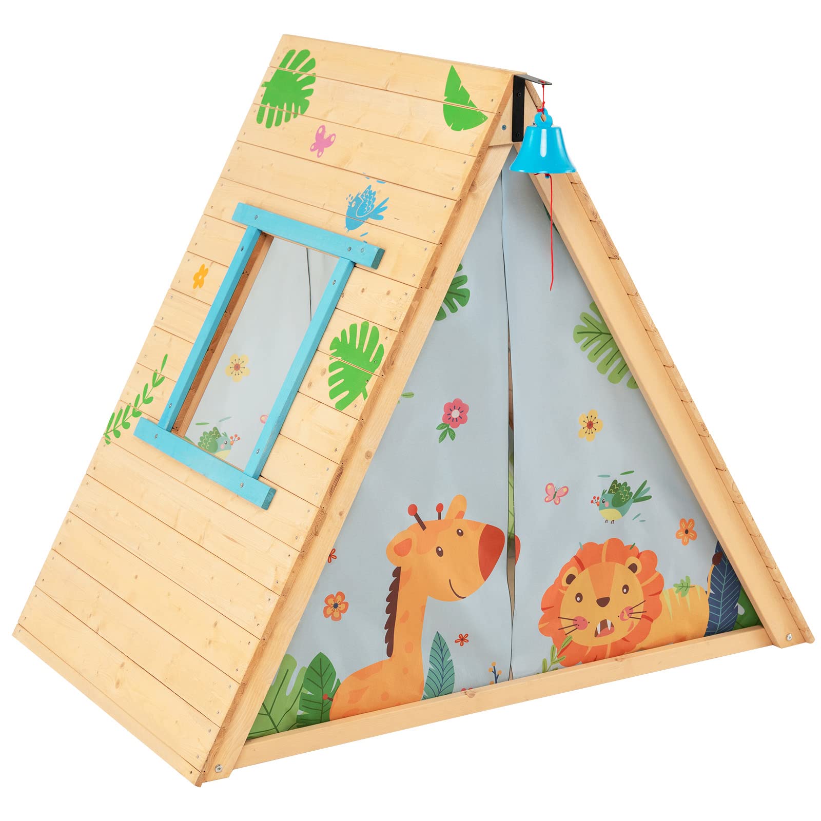 Maxmass Wooden Kids Playhouse, 2-in-1 Kids Hideaway Play Tent with Climbing Wall, Front Bell, Window and Removable Door Curtain, Multifunctional Triangle Climber for 3+ Years Old