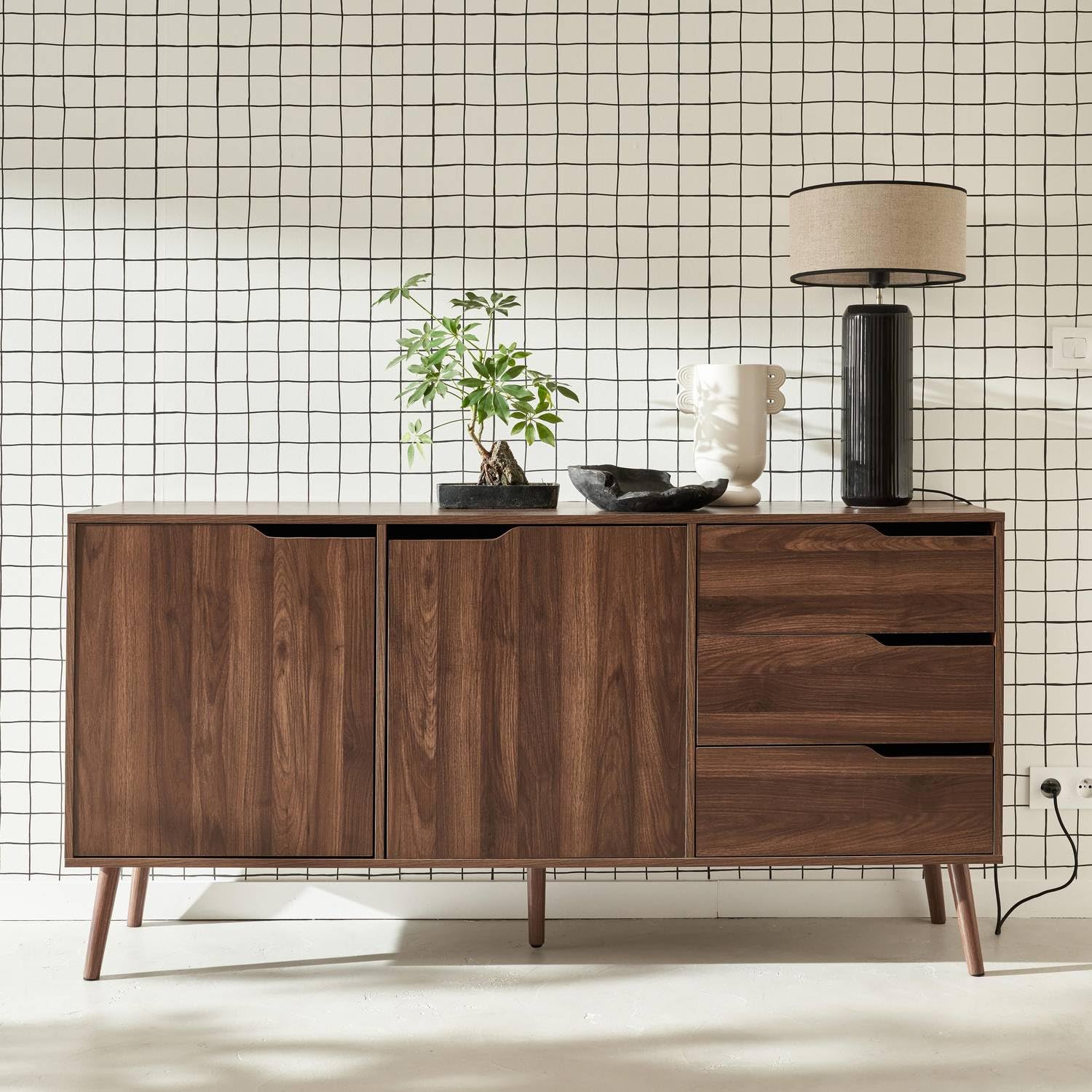 Solid Wood Sideboard Cabinet with 2 Doors and 3 Drawers | Scandinavian Design, Tapered Wooden Legs, Natural Wood Finish, Handcrafted, Versatile Storage-image-11