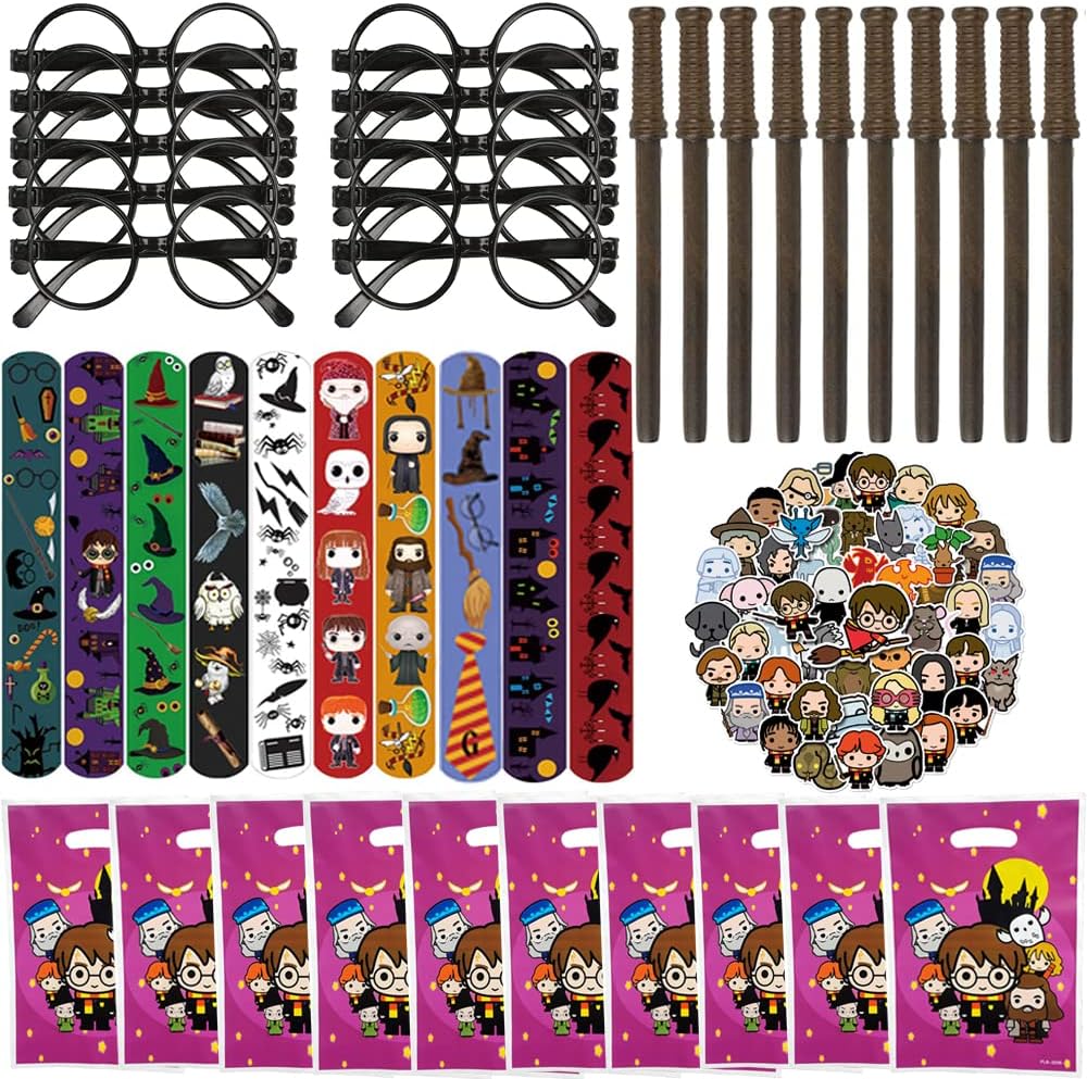 Be ready to throw the wizard themed party ever,making everyone scream! This cool and practical birthday party supplies kit is enough to provide you with the necessities and immersing your guests into an unforgettable experience for a great value. Package Include: 10 x magic wand pencils 10 x different styles slap bracelets 10 x harry glasses 10 x goodies bags 50 x stickers