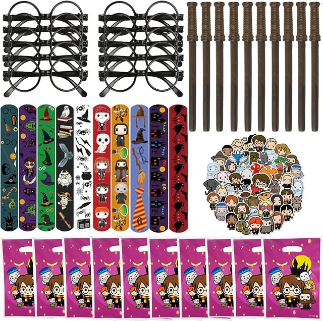 Wizard Party Favors Supplies Harry Party Gift Favors Set Include 10 Magic Wand Pencils 10 Glasses 10 Slap Bracelets 10 Gift Bags 50 Stickers for Kids Birthday Halloween Party Decor School Rewards