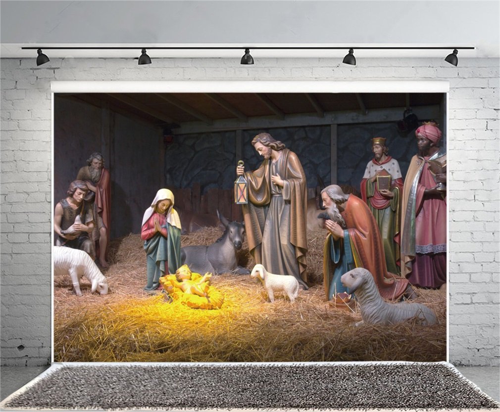 YongFoto 3x2m Photography Backdrop Birth of Jesus Shepherd Christmas White Sheep Straw Cow Culture Historic Wallpaper Photo Background Backdrops Photography Video Party Wedding Photo Studio Props - Image 4