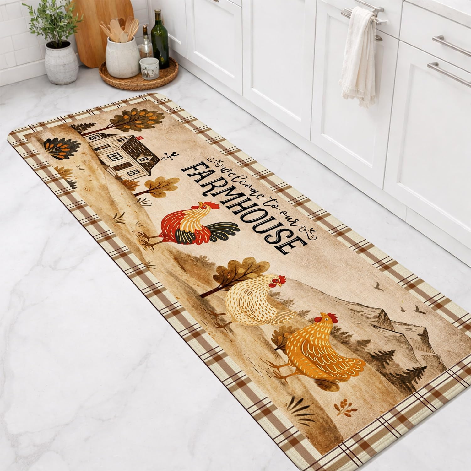 2'x6' Rooster Runner Rug Non Skid Washable Kitchen Runner Rugs Farmhouse Decorative Long Kitchen Mat for Hallway Entryway Laundry Room 2 x 6 ft
