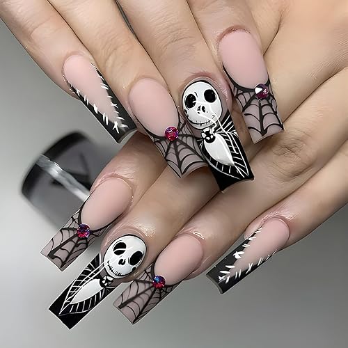 Miniatura 8 de Uñas postizas largas a presión para Halloween, diseño de ataúd francés, con diseño de calavera y esqueleto, cobertura completa, color rosa y negro,