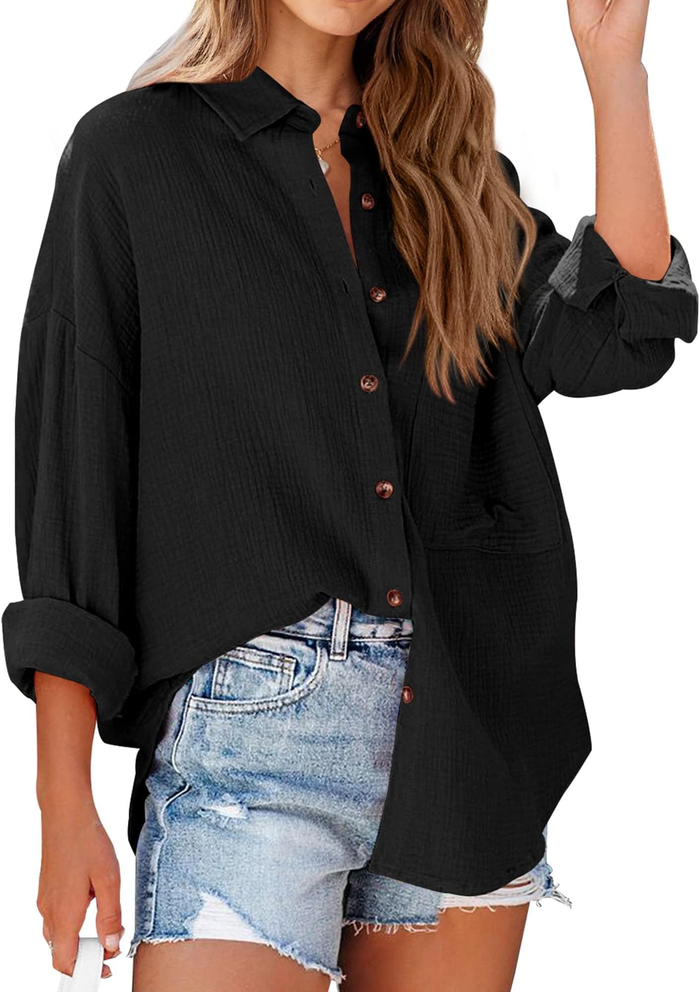 Casual Shirts for Women Long Sleeve Button Down Blouses Spring 2026 Solid Color Trendy Tops with Pocket