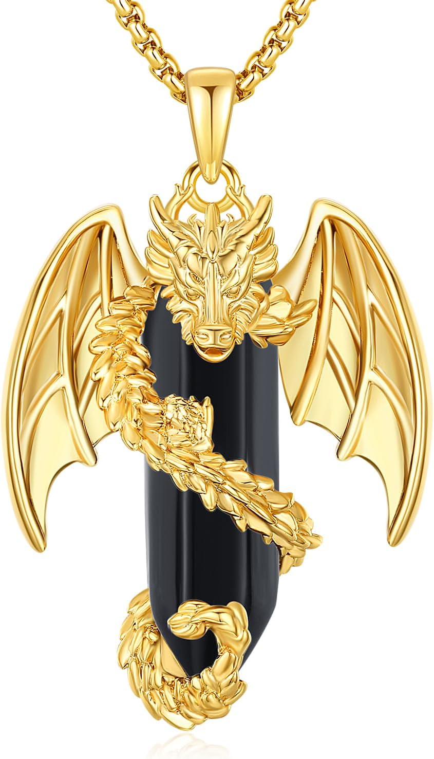 Dragon Necklace with Healing Crystal Stone, Unique Dragon Pendant Obsidian/Malachite/Turquoise/Obsidian/Amethyst Spiritual Jewelry Gifts for Men Women, 24 Inch Chain