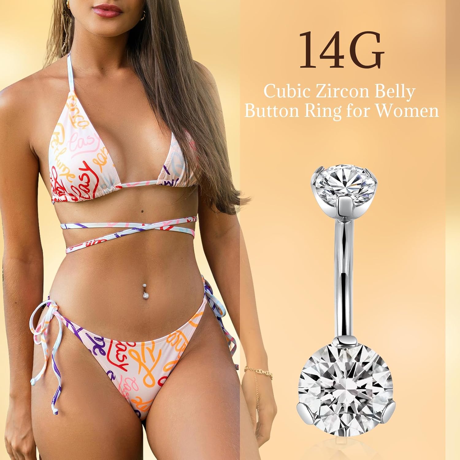 PEAKLINK Titanium Belly Button Ring 14G Belly Jewelry Navel Bar Internally Threaded Belly Barbell with Double Cubic Zircon Navel Jewelry Navel Belly Piercing for Women 8 10 12 14mm - Image 6