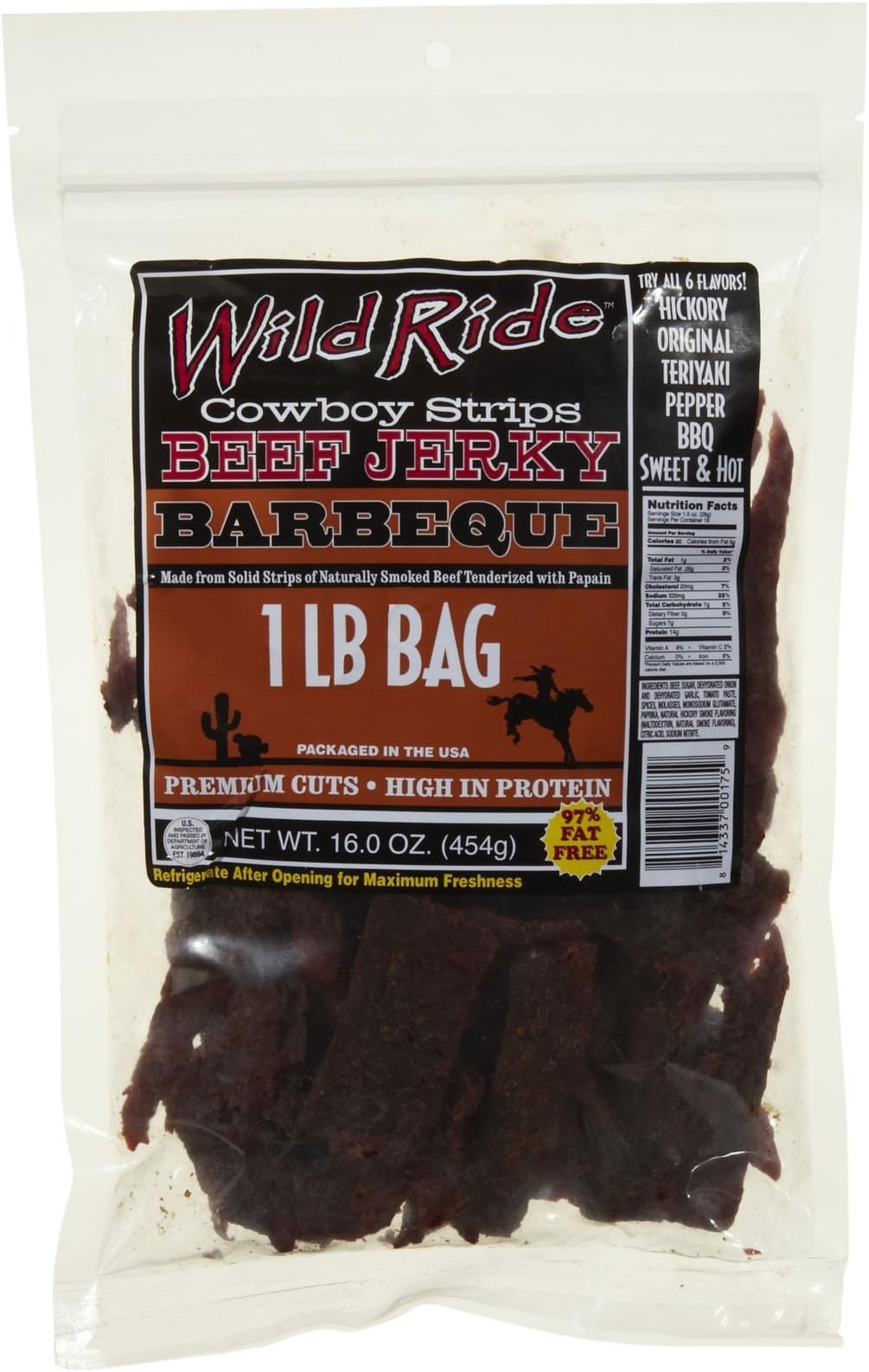 Wild Ride Beef Jerky Cowboy Strips Bbq, Beef Jerky, Bulk, 16-Ounce Pouches