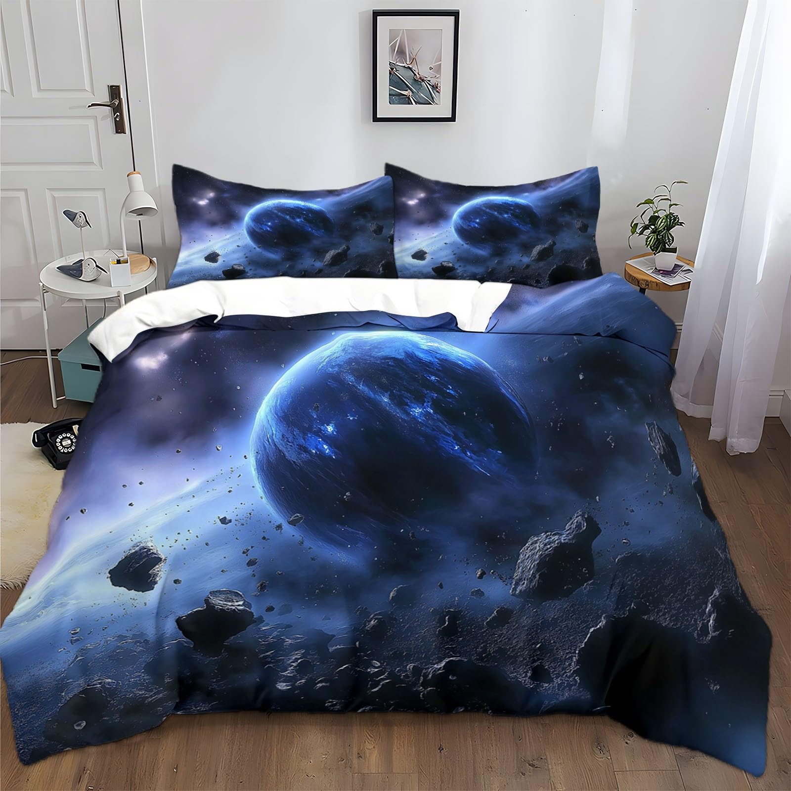 Housse de Couette 240x260 cm Planète Bleue avec 2 Taies d'Oreiller pour Lit 2 Personnes