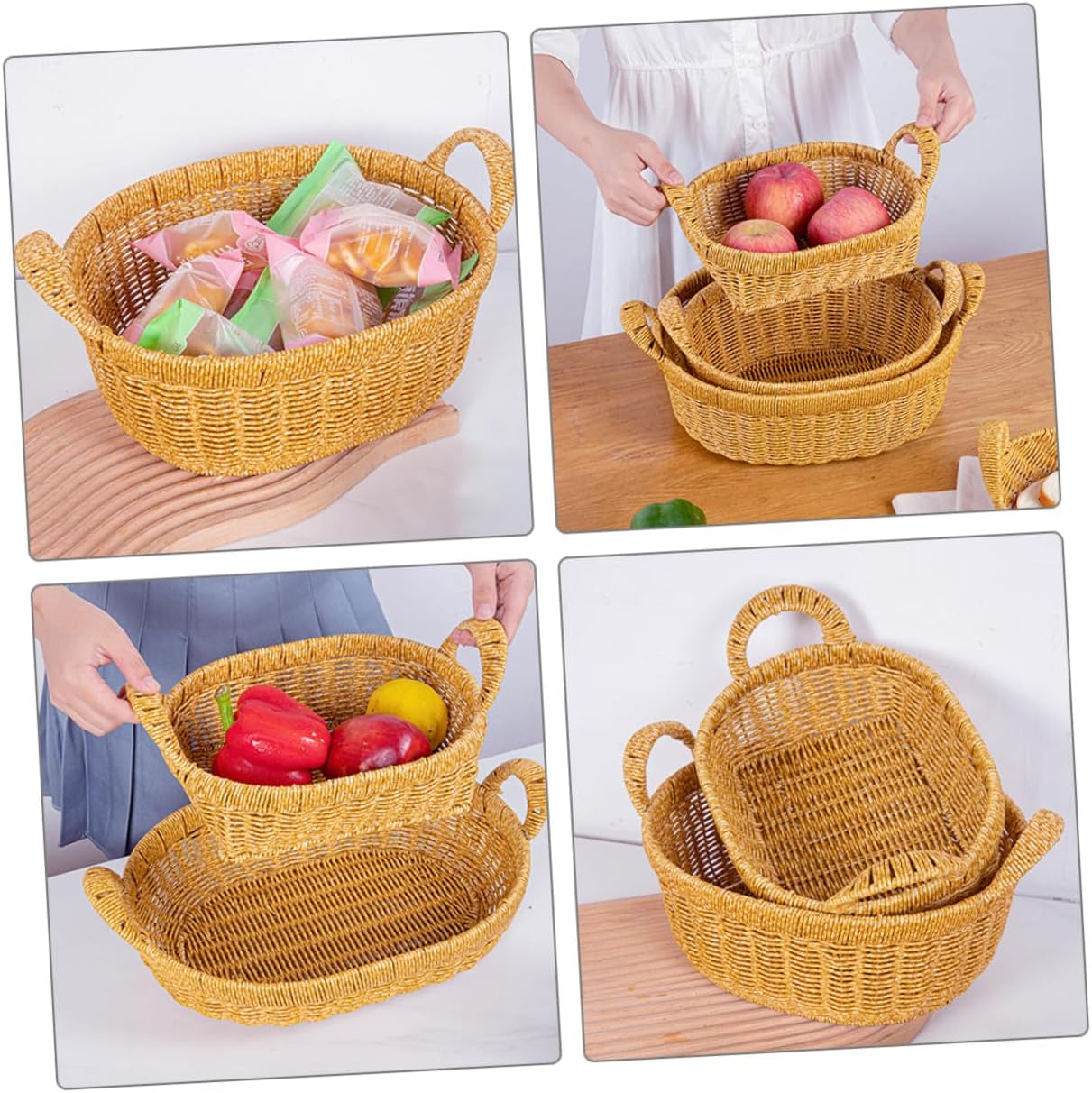 Oval Large Deep Bread Basket with Handles, Imitation Rattan Woven Snack and Fruit Tray, Plastic Food Serving Basket for Kitchen and Outdoor Picnic Storage