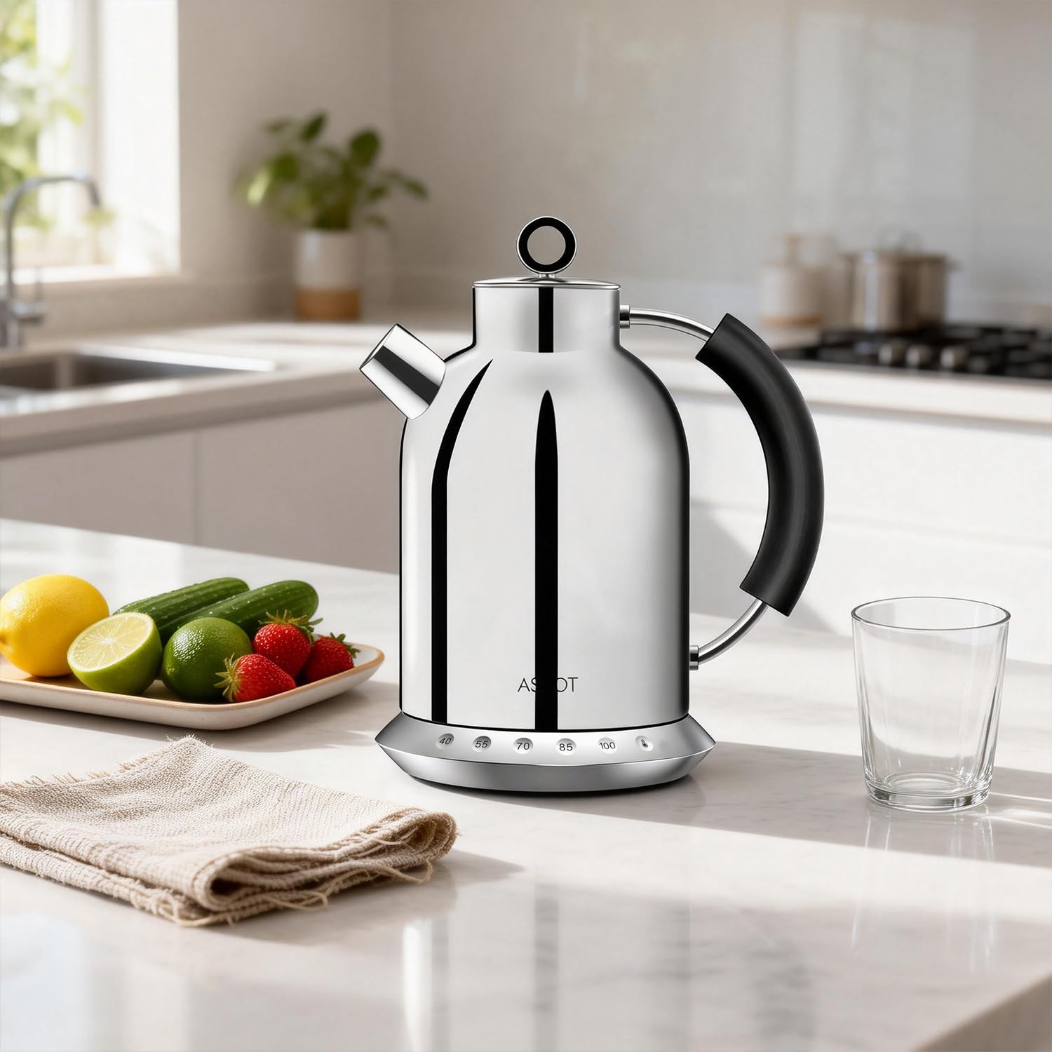ASCOT Wasserkocher Edelstahl mit 5 variablen Voreinstellungen, Elektrischer Teekessel Kaffee Wasserkocher, 30Mins warm halten, 2200 Watt Schnellheizung, 1.5L