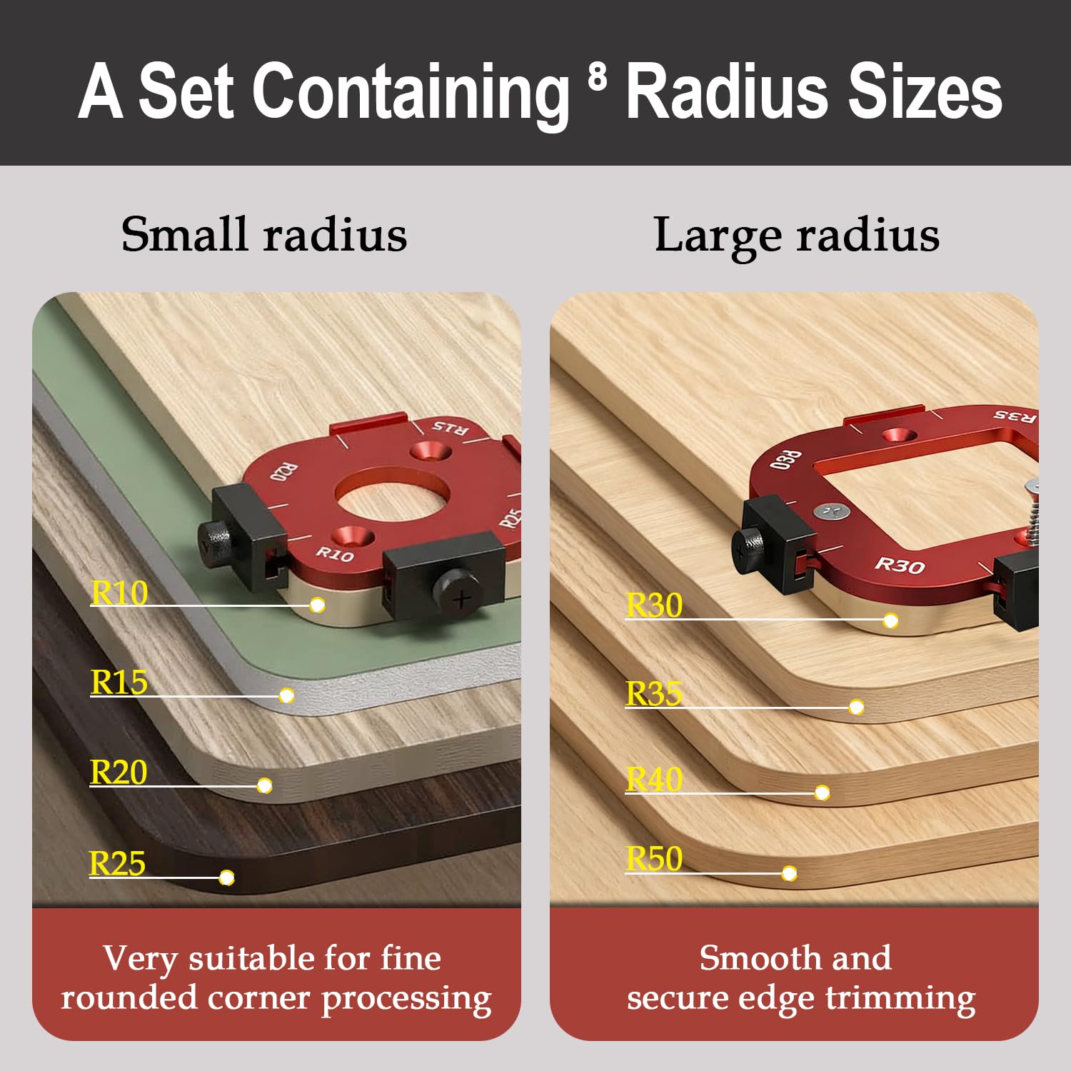 Modello di Fresa a Raggio,4 in 1 Dima di Fresatura a Raggio D'angolo con Raggio R10/15/20/25 e R30/35/40/50 per Lavorazione del Legno Fai da Te Rosso (2 pezzi)