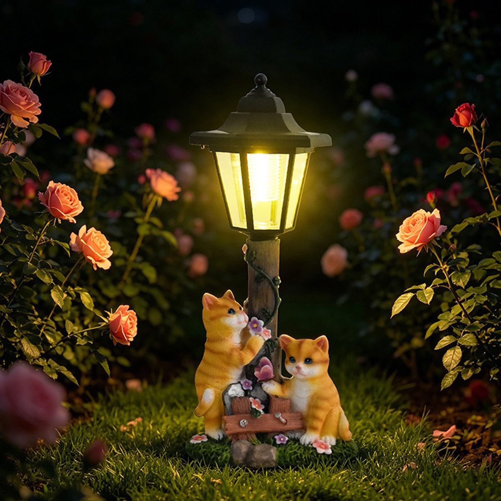 GUASDIE Cat Solar Garden Light Statue, Resin Outdoor Cat Figurine with Solar Powered LED Light, Weatherproof Solar Cat Planter Night Light for Backyard Patio Lawn,Cat & Butterfly