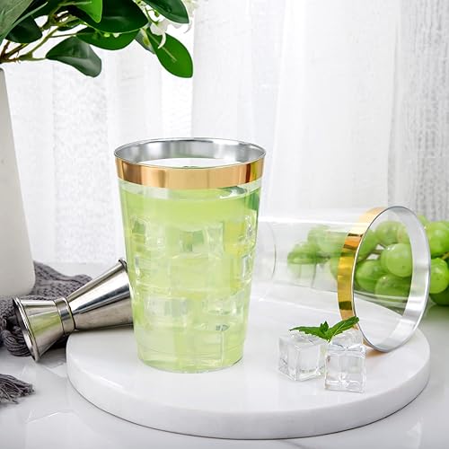 Miniatura 3 de Nervure 120 vasos de plástico dorados  Vasos de plástico con borde dorado de 10 onzas  Vasos desechables dorados resistentes  Vasos de plástico