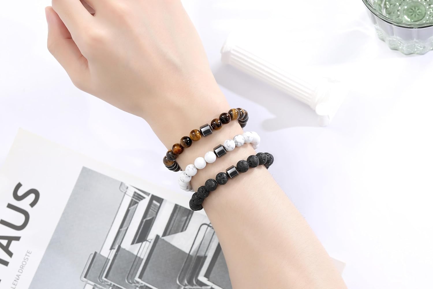 XIANNVXI Mens Beaded Bracelet Set Natural Stone 8mm Beads Bracelets for Men Red Black Bead Stretch Bracelet for Mens - Image 5