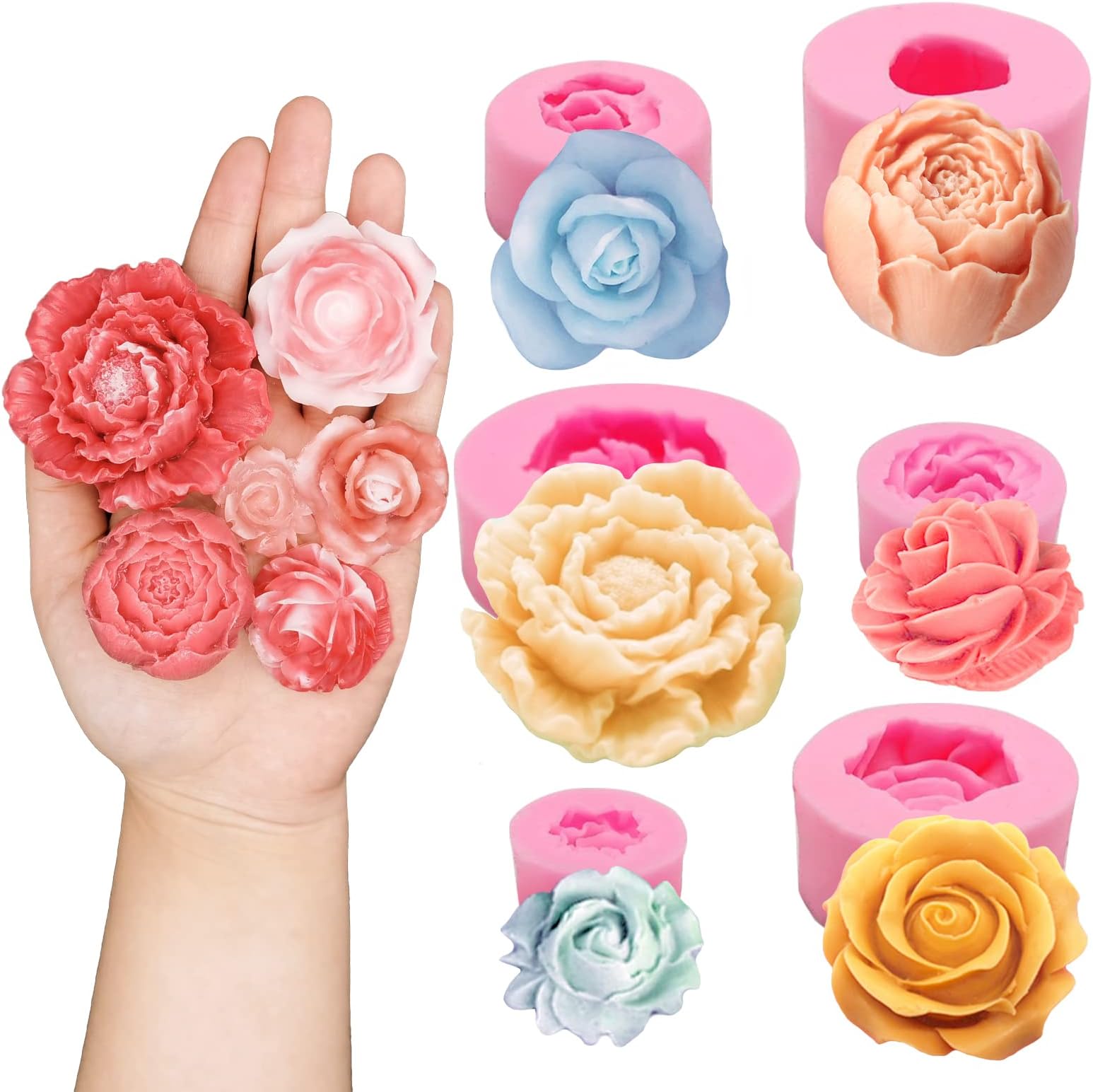 6PCS 3D Flower Fondant Molds Set, Rose Silicone Molds for Candle Soap Making, Handmade Cake Dessert Decoration Chocolate Cupcake Candy Ice Mold, Resin Concrete Art Crafts Accessories