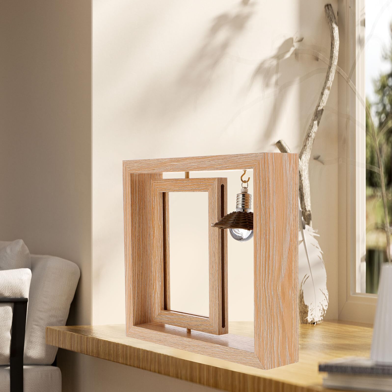 VANZACK Marco de Fotos Giratorio de Doble Cara de Madera 15x15 Cm Luz LED para Escritorio, Adorno Decorativo Creativo para Hogar y Oficina, Marco Soporte para Fotos 6 Pulgadas
