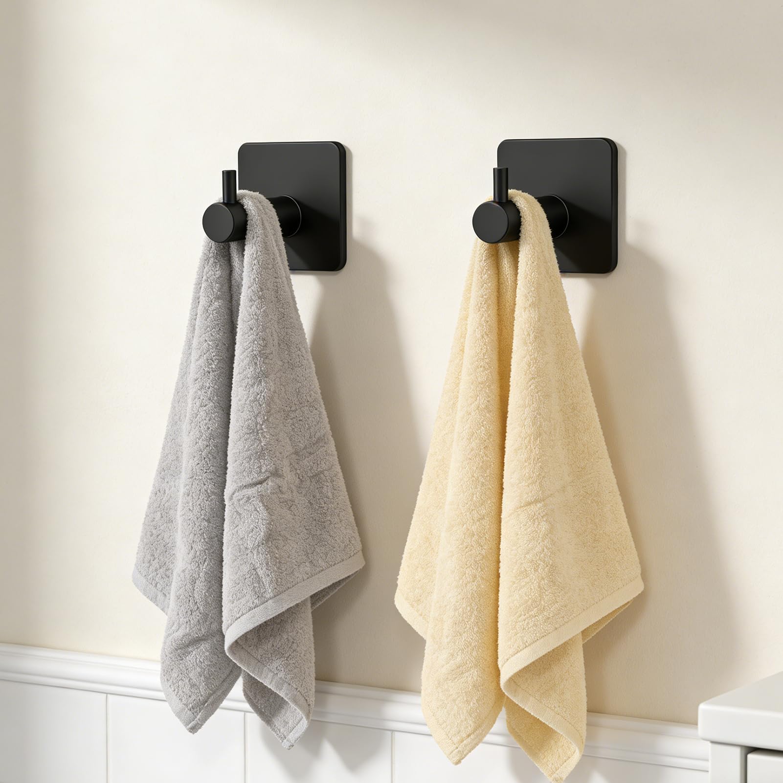 2 Pack Large Heavy Duty Adhesive Hooks, Waterproof Self Adhesive Wall Hangers for Hanging Towel Coat Keys, Strong Sticky Hooks for Bathroom Shower Kitchen Door Outdoor Home Utility （Black