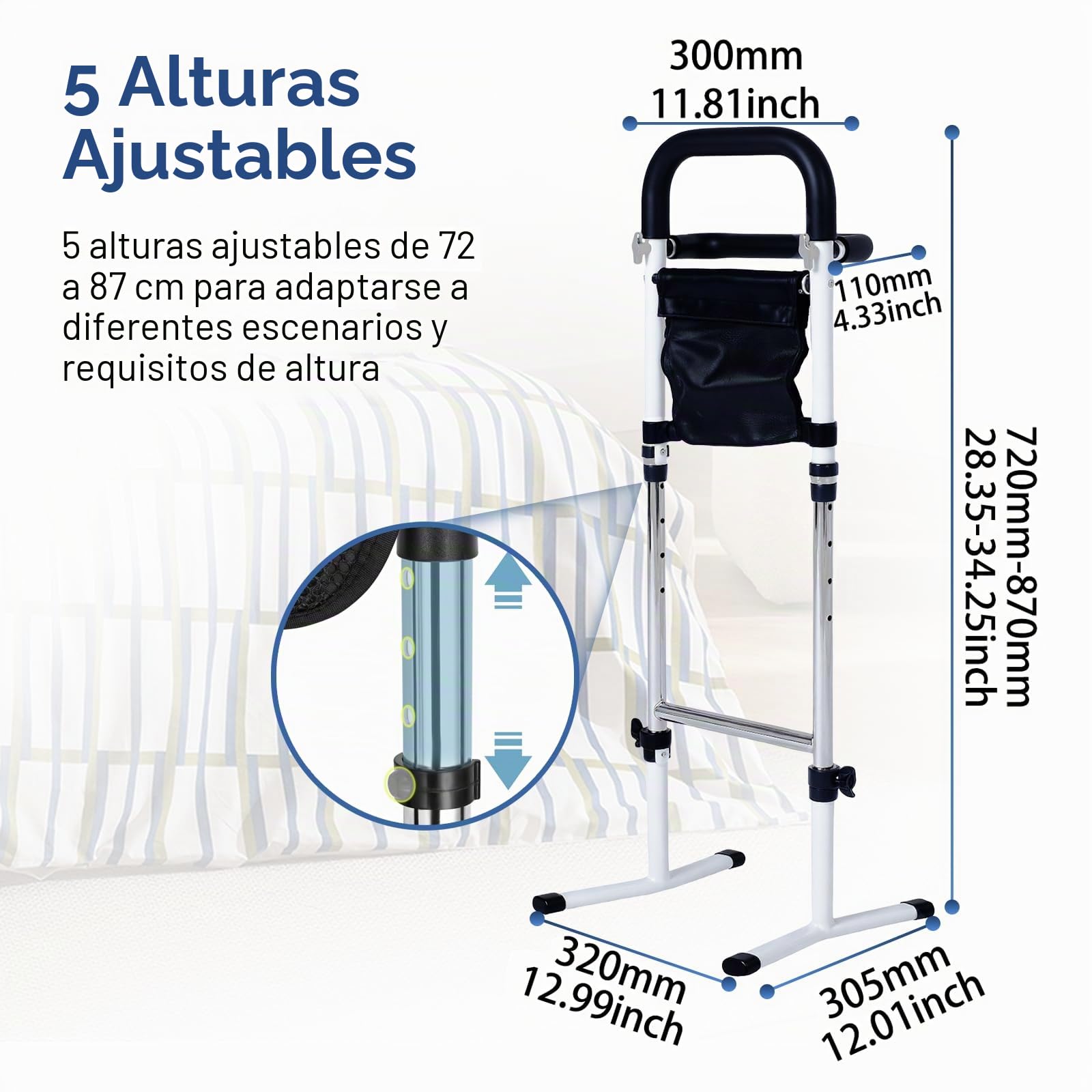 Ayuda para Levantarse para Personas Mayores, Ayuda para Levantarse de la Cama, Ayudante Móvil Ajustable para Levantarse, 5 Ajustes de Altura, Ayuda de Pie para Cama, WC, Sofá, Capacidad de Carga 150KG