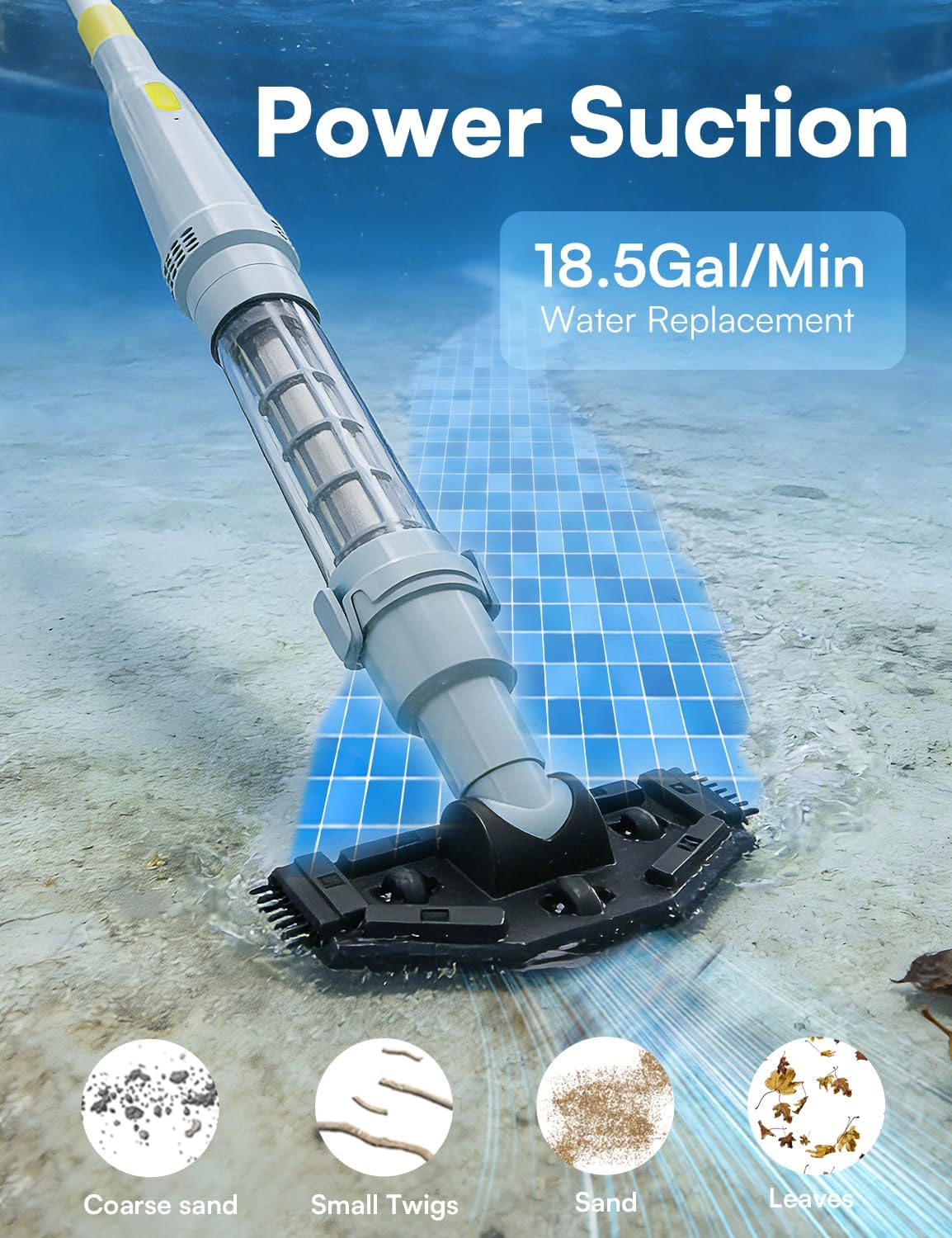 Handheld Pool Vacuum for Above Ground Pool – 90-Min Runtime, 18.5 GPM Powerful Suction, Ideal for Spot Clean Inground Pool Hot Tub, Rechargeable, Sand and Debris, Pool Vacuum with 3 Brush Heads,Cyan