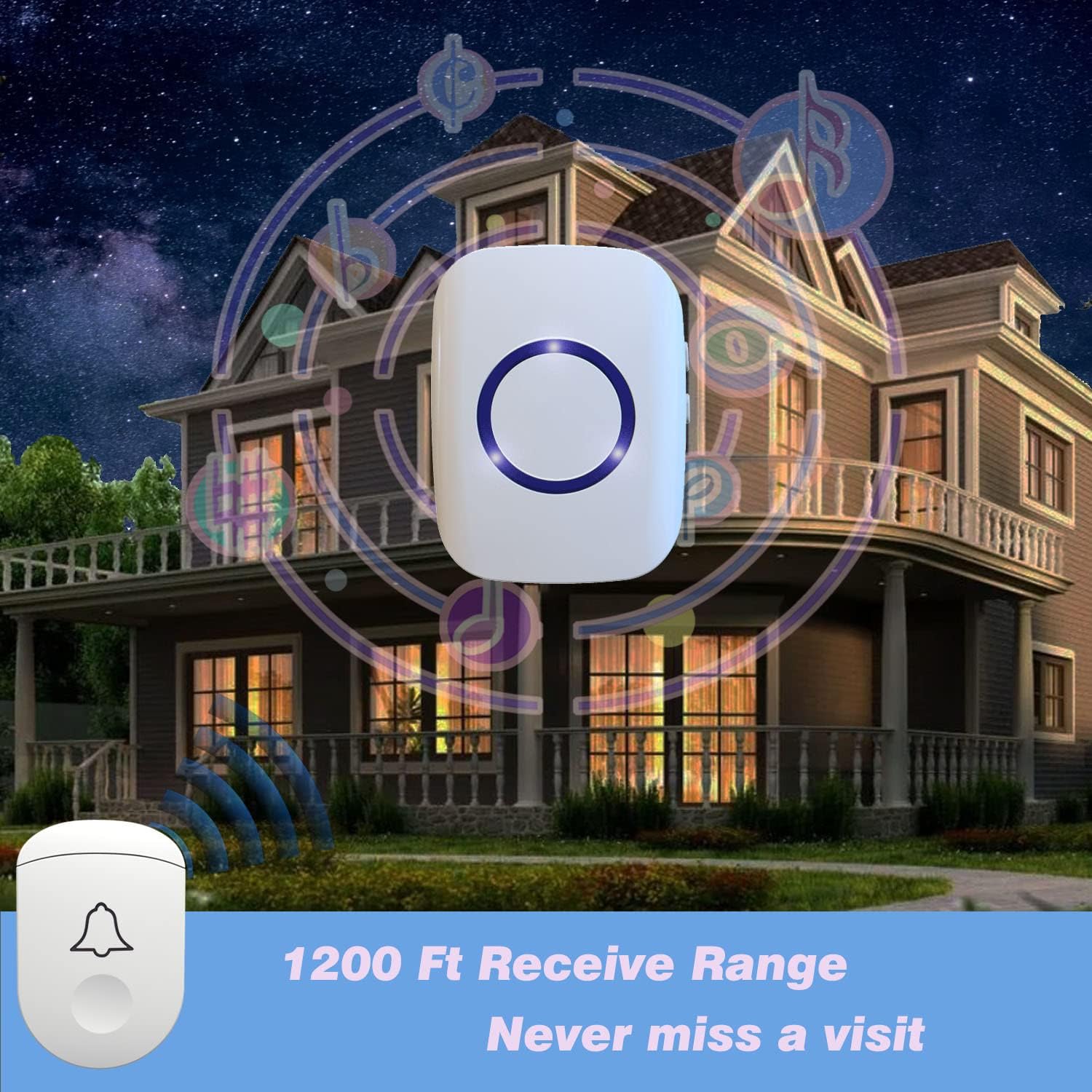 Wireless Doorbell, 1,000ft Range Loud Enough Doorbell Chime，5 Volume Levels and 52 Door Chimes With LED Flashing (Light White)