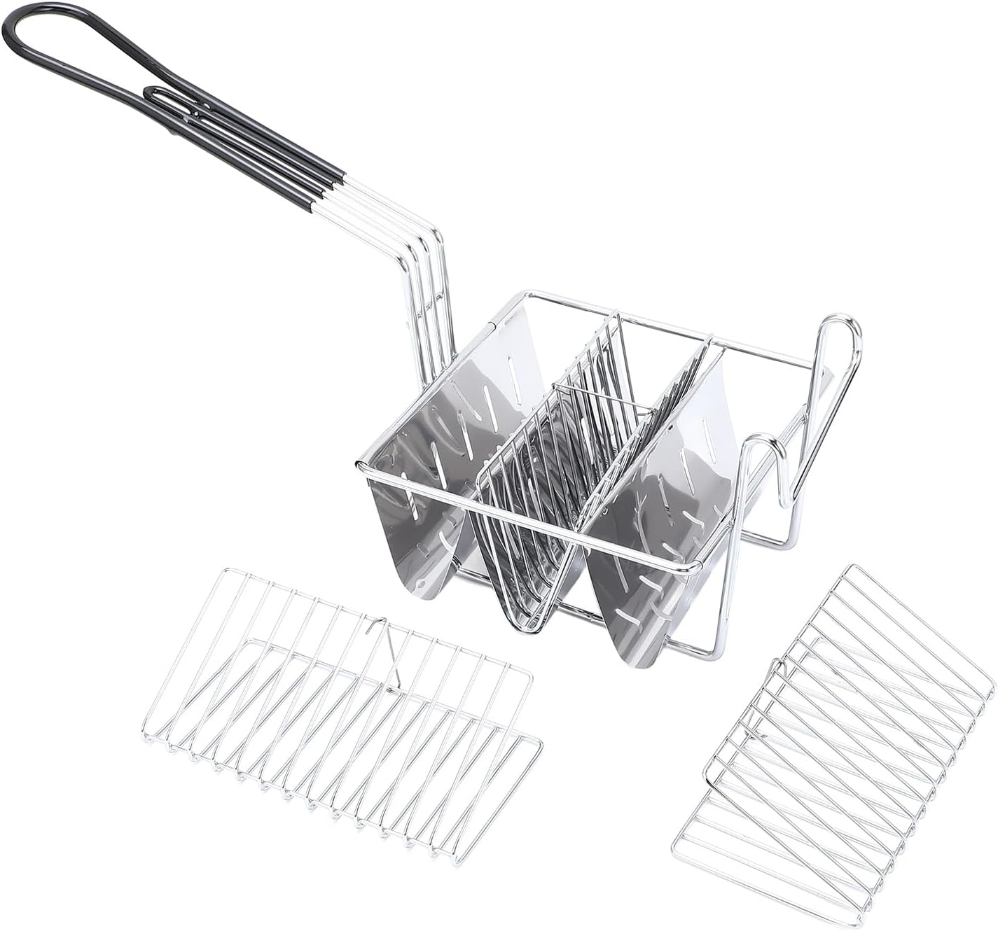 3 Shell V Shape Taco Fry Basket with Grip Handle, Stainless Steel Dishwasher Safe Tortilla Fryer Basket for Restaurants and Home Kitchens