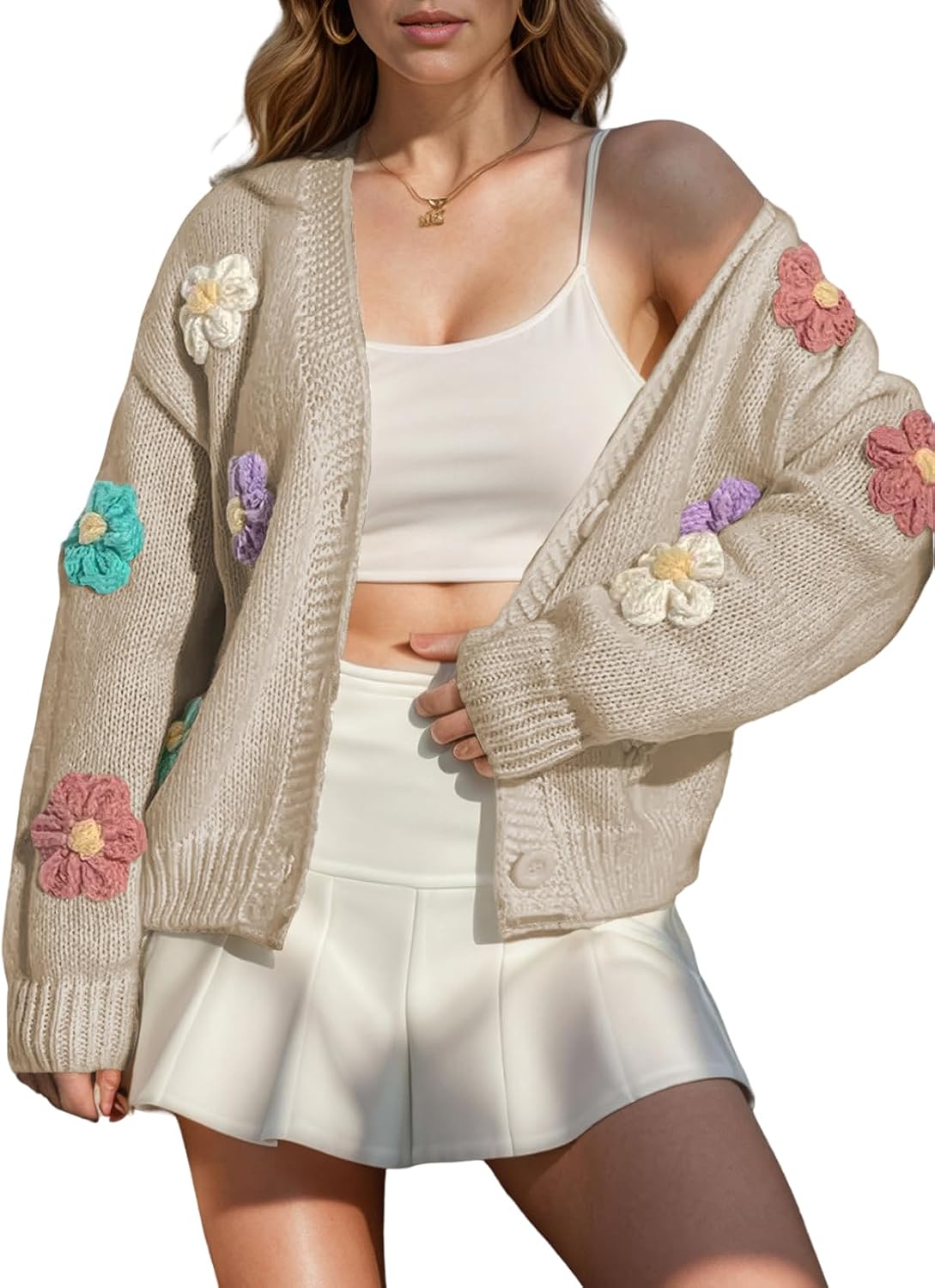 ebossy Women's Ribbed Knit Cardigans Embroidery Aesthetic Pretty Flowers Applique Button Up Sweater Coat
