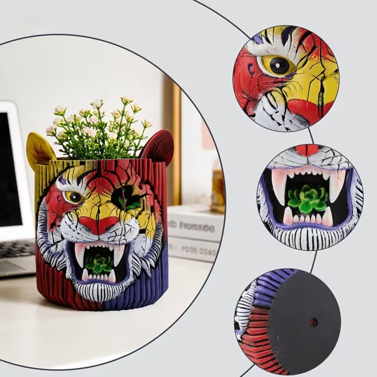 Animals Planter Plant Pot Creative Colorful Tiger Resin Flower Pot with Drainage Tiger Face Flower Pot Decor for Home Desktop Balcony image 2