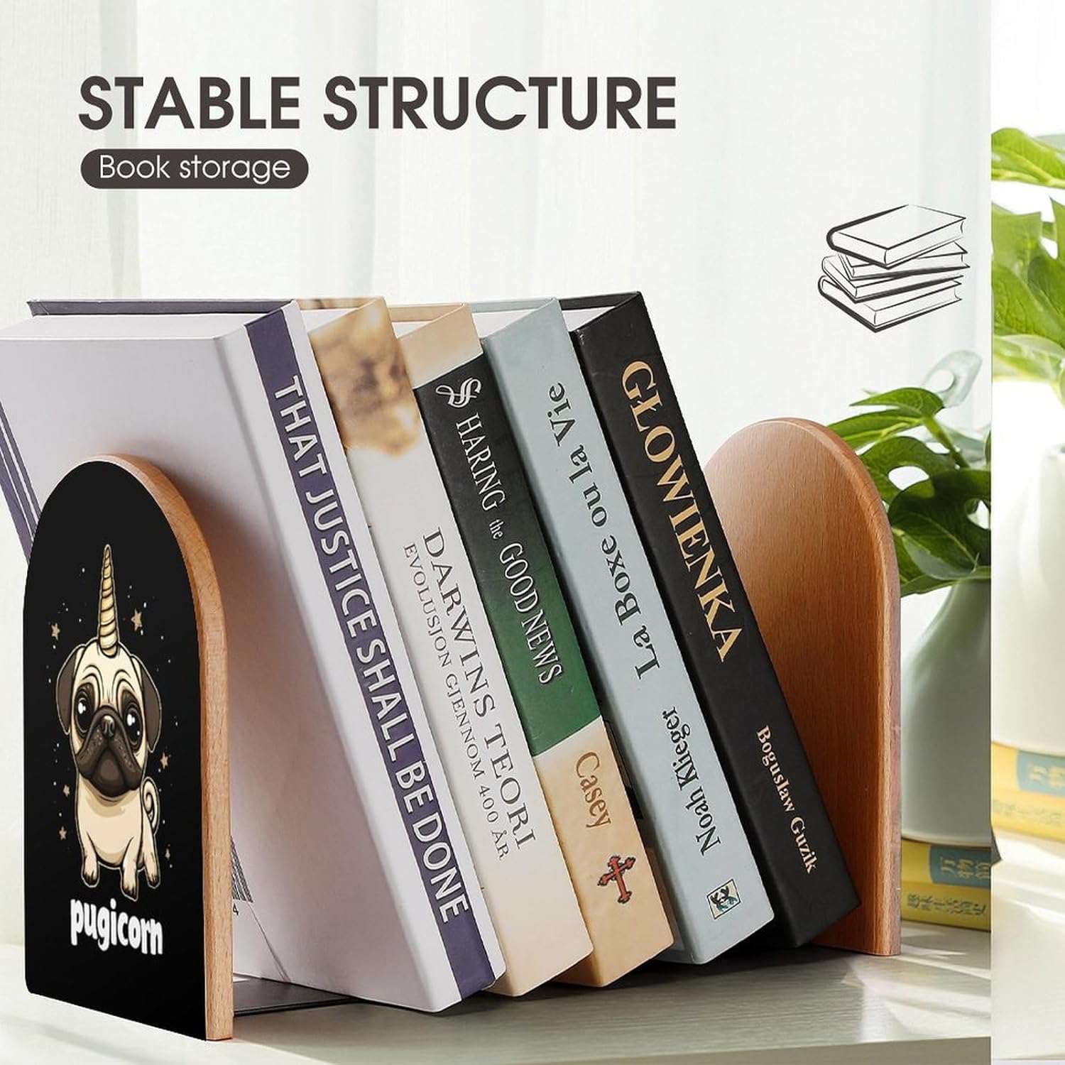 Pug Dog Cute Wood Book Ends Decorative Bookends 1 Pair Non-Skid for Shelves Home Office 7 X 5 Inch