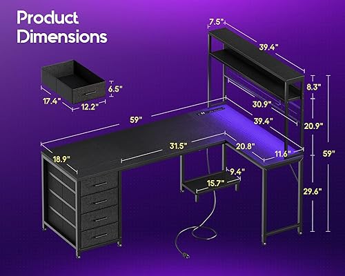 Miniatura 3 de AODK Escritorio para juegos en forma de L con 4 cajones, escritorio reversible para computadora de 59 pulgadas con gabinete y estantes, escritorio