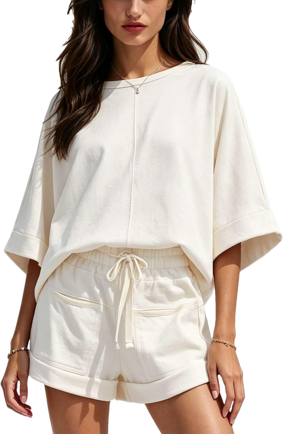 Zontroldy Womens Summer 2 Piece Short Set Oversized Top Relaxed Shorts Outfits Matching Sets with Pockets