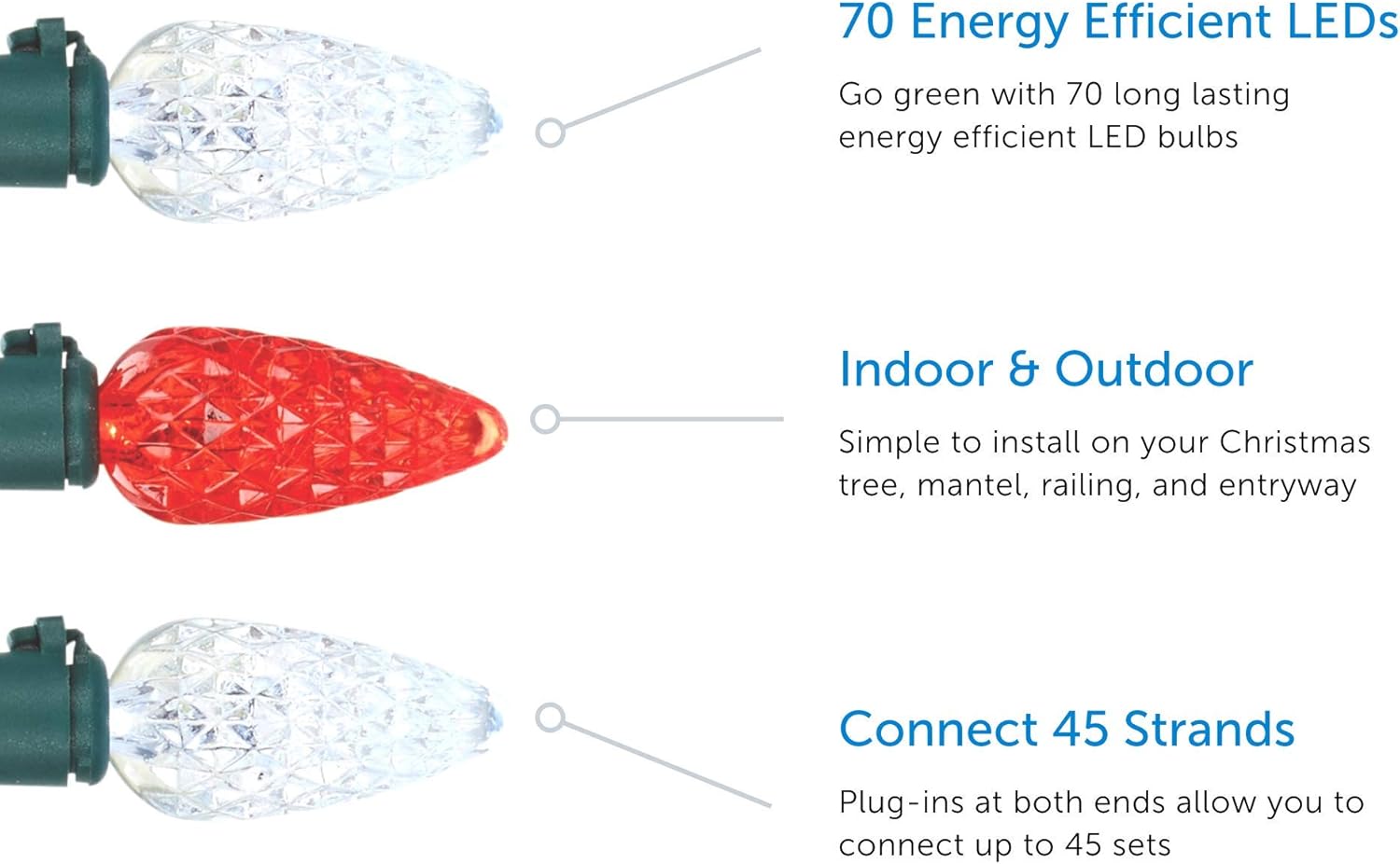 Diagram illustrating features of NOMA C6 LED Christmas Lights: 70 energy-efficient LEDs, indoor & outdoor use, and ability to connect 45 strands.