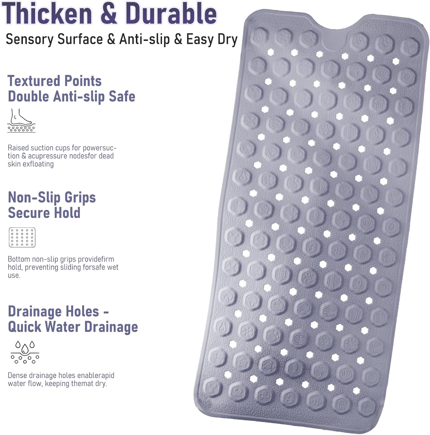 Bath Mat for Tub Non Slip 35*16 In, Silicone Anti Slip Shower Mat Bathtub Acupressure Relief for Kids Elderly Machine Washable with Antislip Textured Safety Strong Suction Cups & Drain Holes Easy Dry