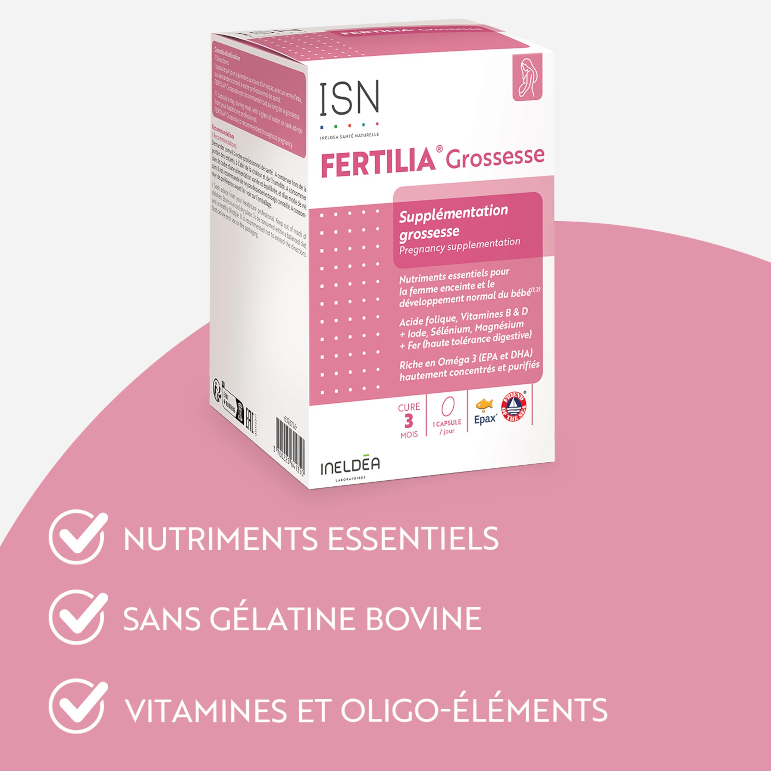 ISN - Fertilia® Grossesse - Complément alimentaire à base de nutriments essentiels pour le bien-être de la femme enceinte & le développement de bébé - Riche en Omega 3 - Cure 3 mois